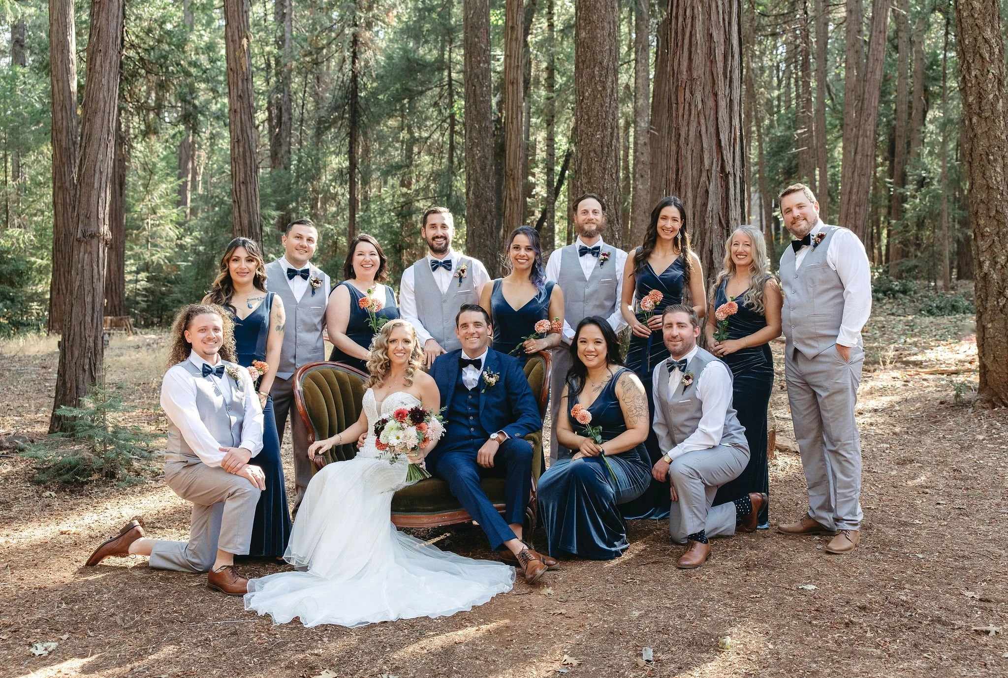 A wedding party of 15 people, including the bride and groom, posing in a forest with tall trees and dappled sunlight. The bride is seated in a vintage armchair in a white wedding dress, holding a bouquet. The groom and others are dressed in formal at