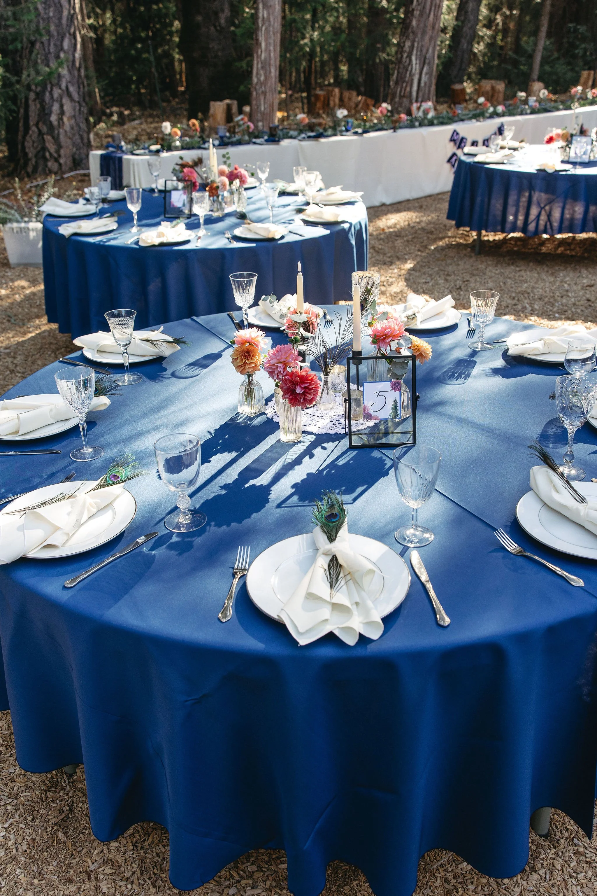 Round outdoor banquet table set for a celebration, with a blue tablecloth, white plates, silverware, glassware, napkins, peacock feather decorations, floral centerpieces, and a candle in a glass holder.