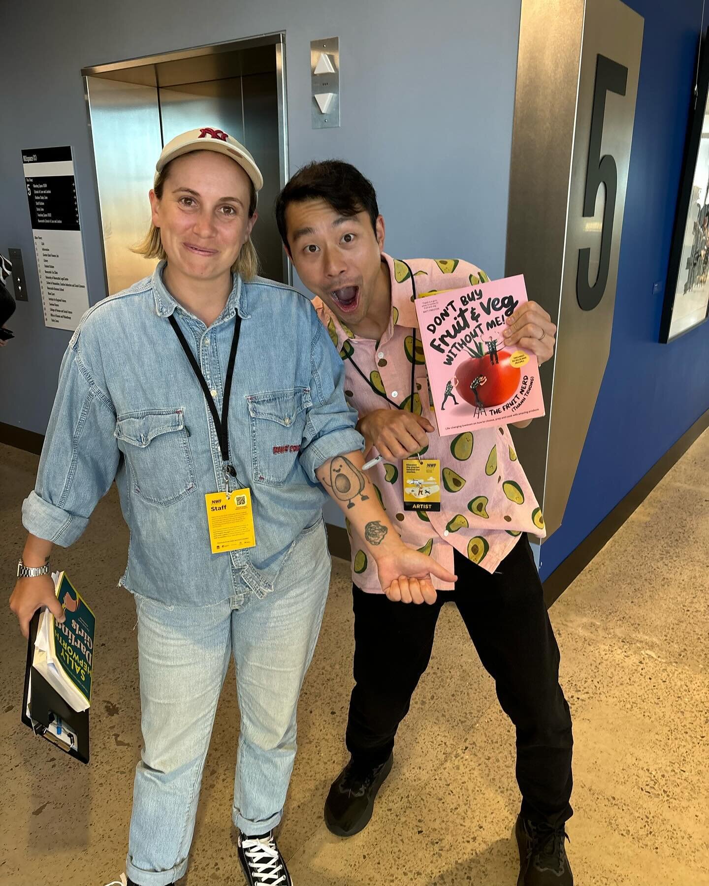 Apparently the only photo I managed to take across the hectic @newcastlewritersfestival weekend is this one of Laura repping her avocado tattoo with Thanh &ldquo;the fruit nerd&rdquo; Truong, who is now one of my favourite people. @fruitnerd 🥑