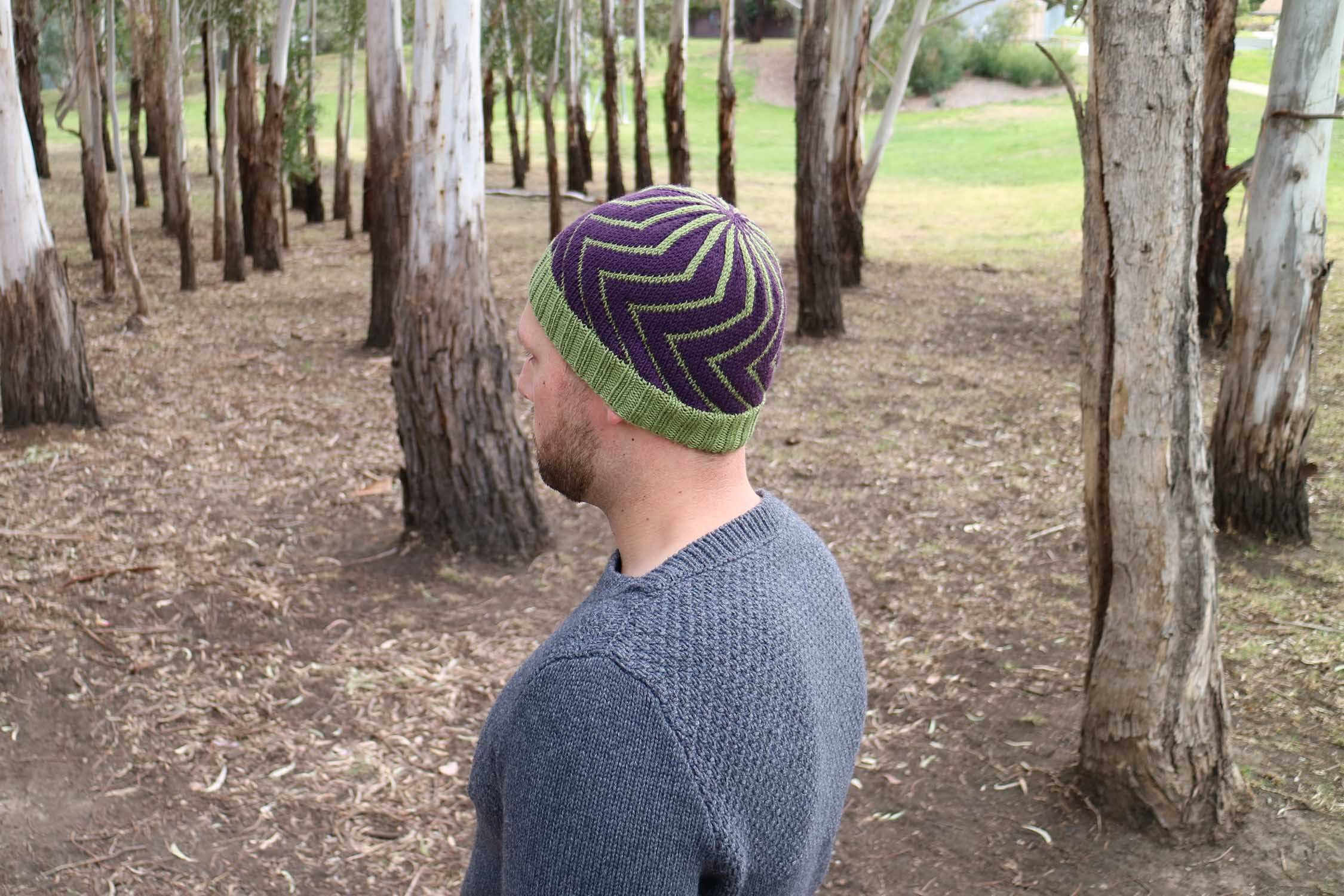 Pivot fitted beanie in purple and olive