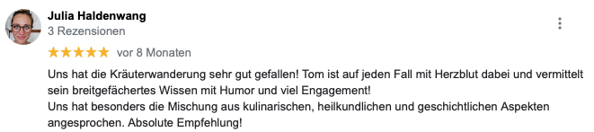 Eine Google-Bewertung von Julia Haldenwang mit 5 Sternen über eine Kräuterwanderung. Sie lobt den Guide Tom für sein Engagement und sein vielseitiges Wissen. Die Mischung aus kulinarischen, heilkundlichen und geschichtlichen Aspekten wird besonders hervorgehoben.