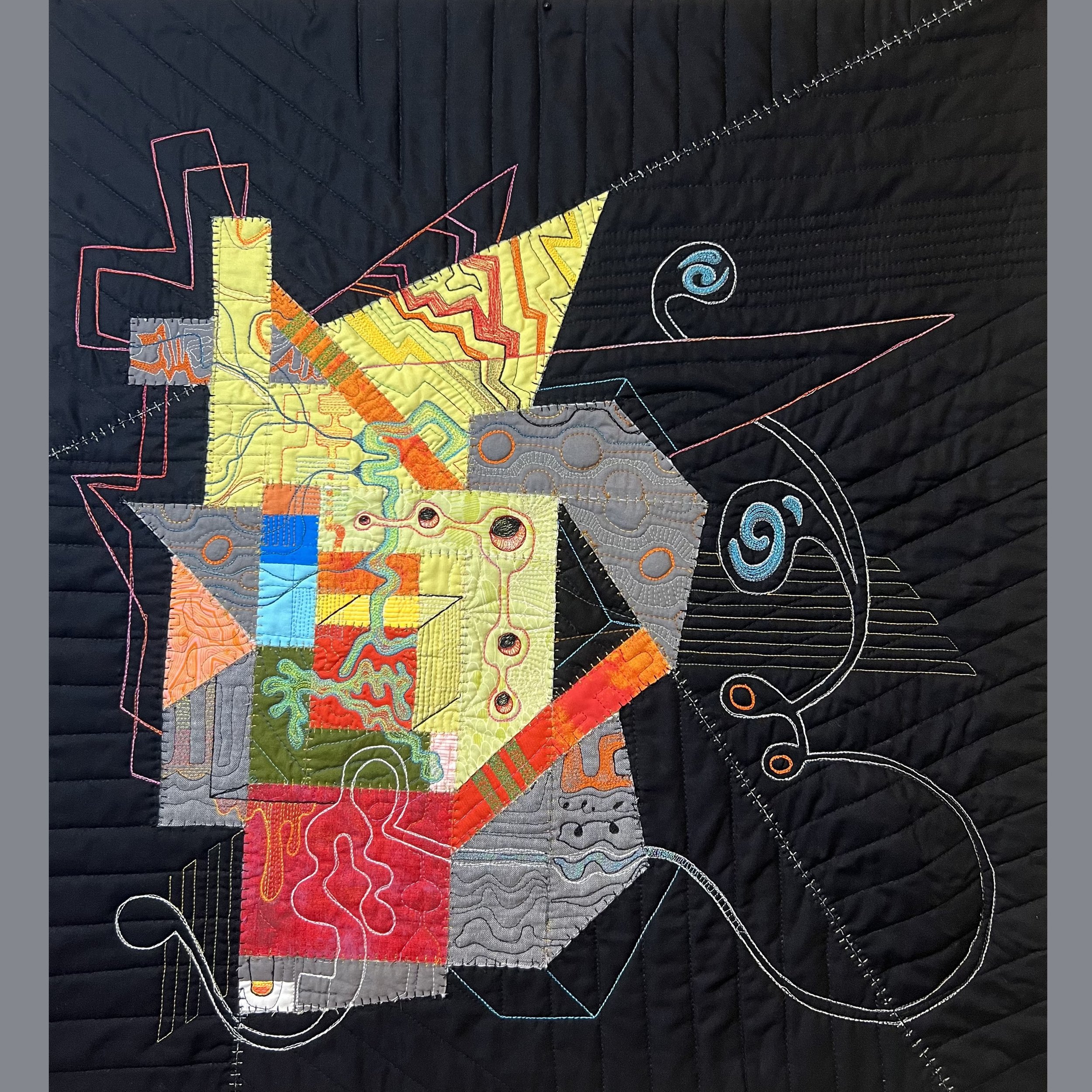 Mad House, 24"x26" Free-motion Quilted Textile, 2023, $1500