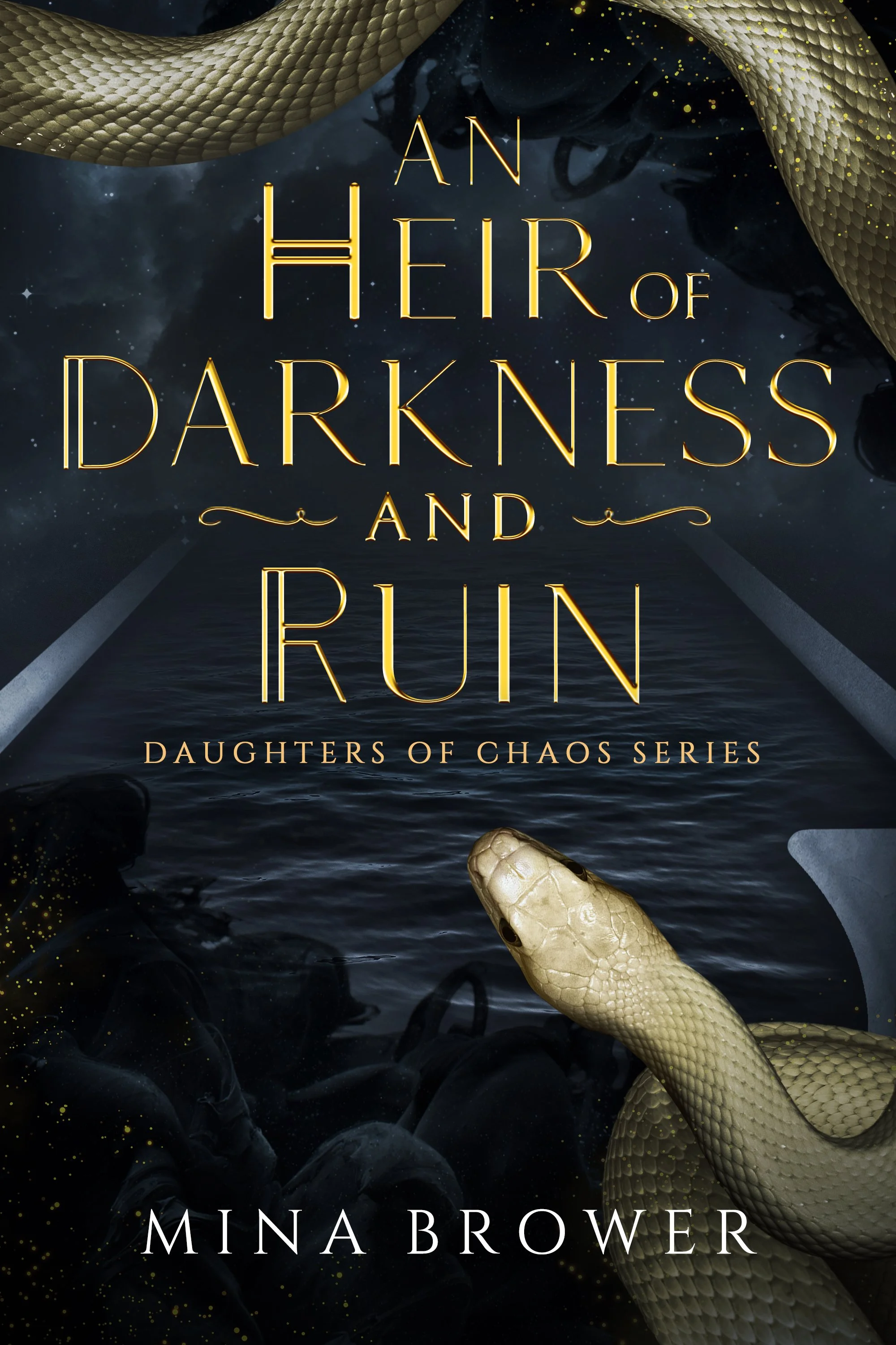 Book cover for 'An Heir of Darkness and Ruin' by Mina Brower, featuring a large snake and dark ocean background.