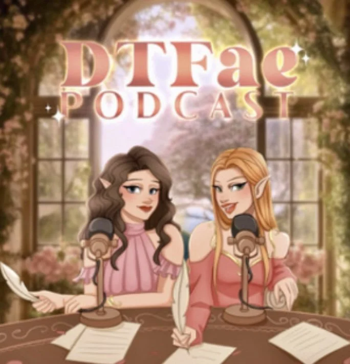 Two animated female characters with elf ears, seated at a table with microphones, holding quills and papers. Text "DTFae Podcast" above them. Romantic, floral background with arched windows.