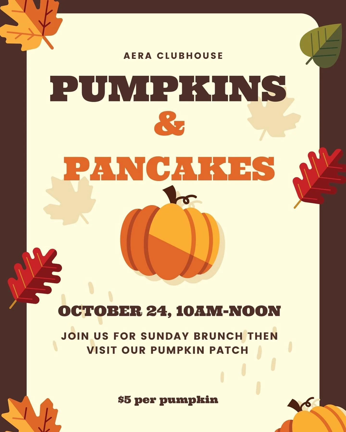 🎃&amp; 🥞 @ AERA 10/24 from 10AM-Noon. $5 pumpkins