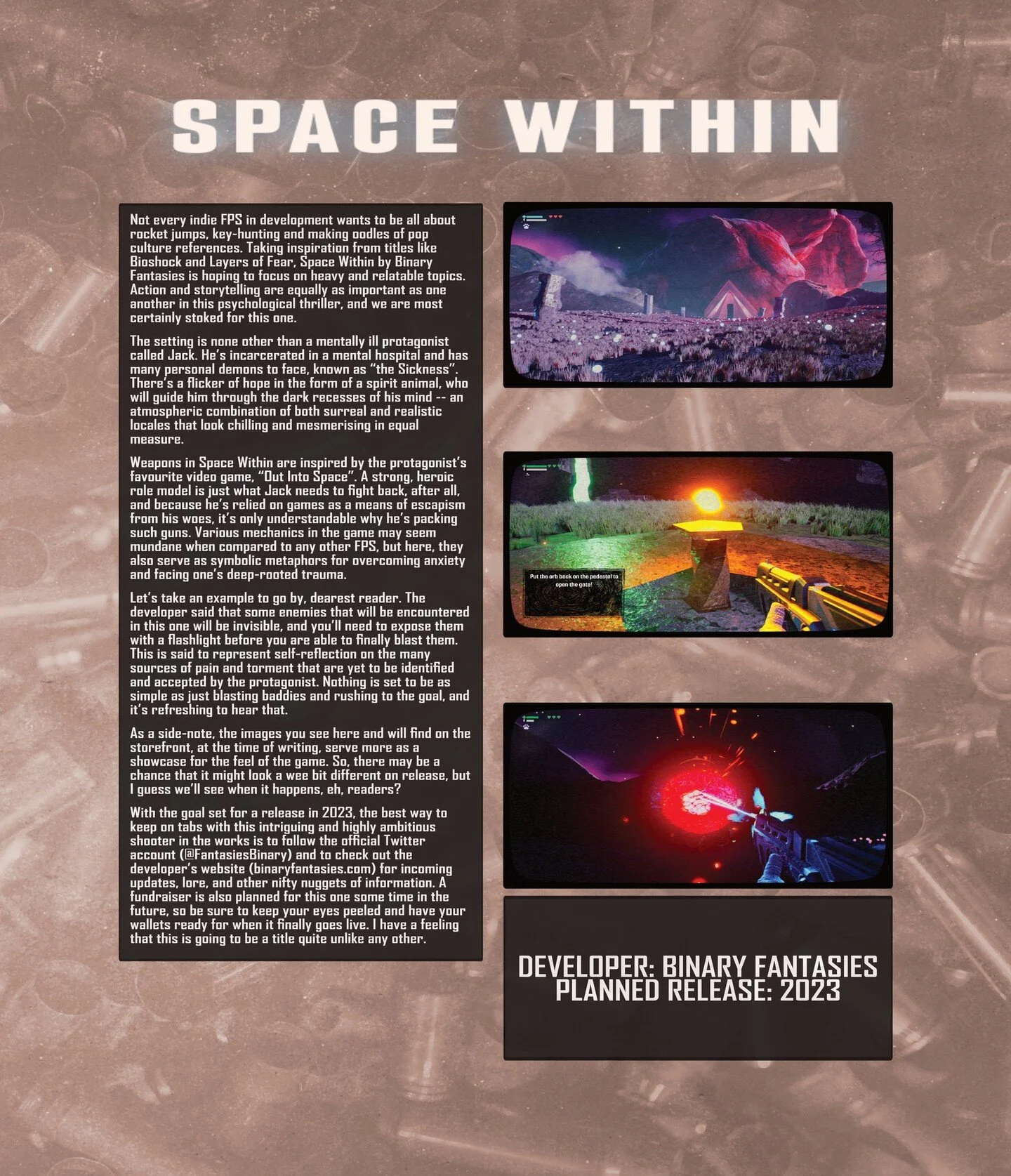 Just got featured by the amazing people at @e1m1magazine who write about cool and upcoming indie games! ❤️🎉WISHLIST and spread the word!
.
.
.
.
.
.
#boomershooter #gamemagazin #gameanalysis #BinaryFantasies #SpaceWithin