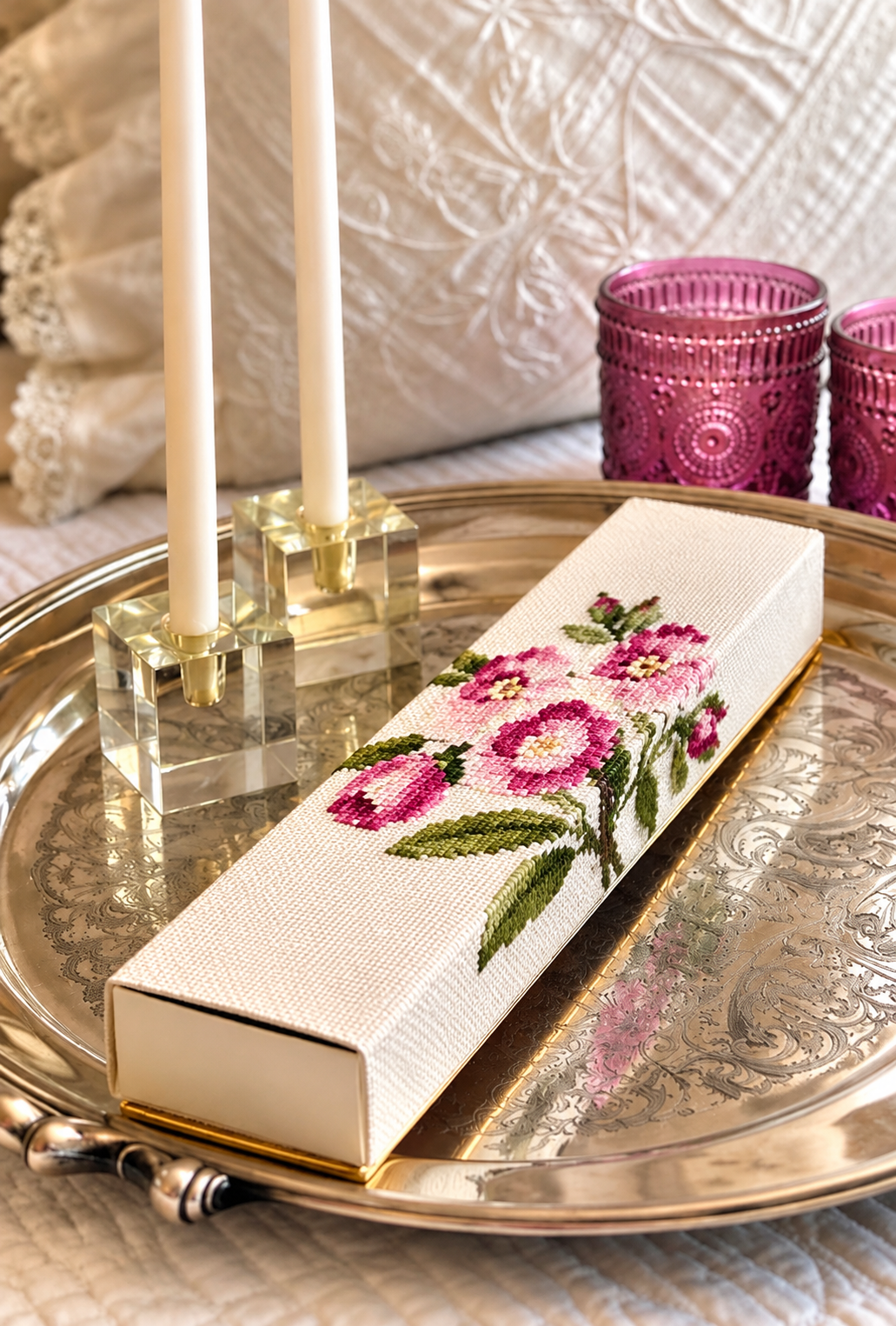 Vintage Hand-Embroidery Pink Blossoms Matchbox