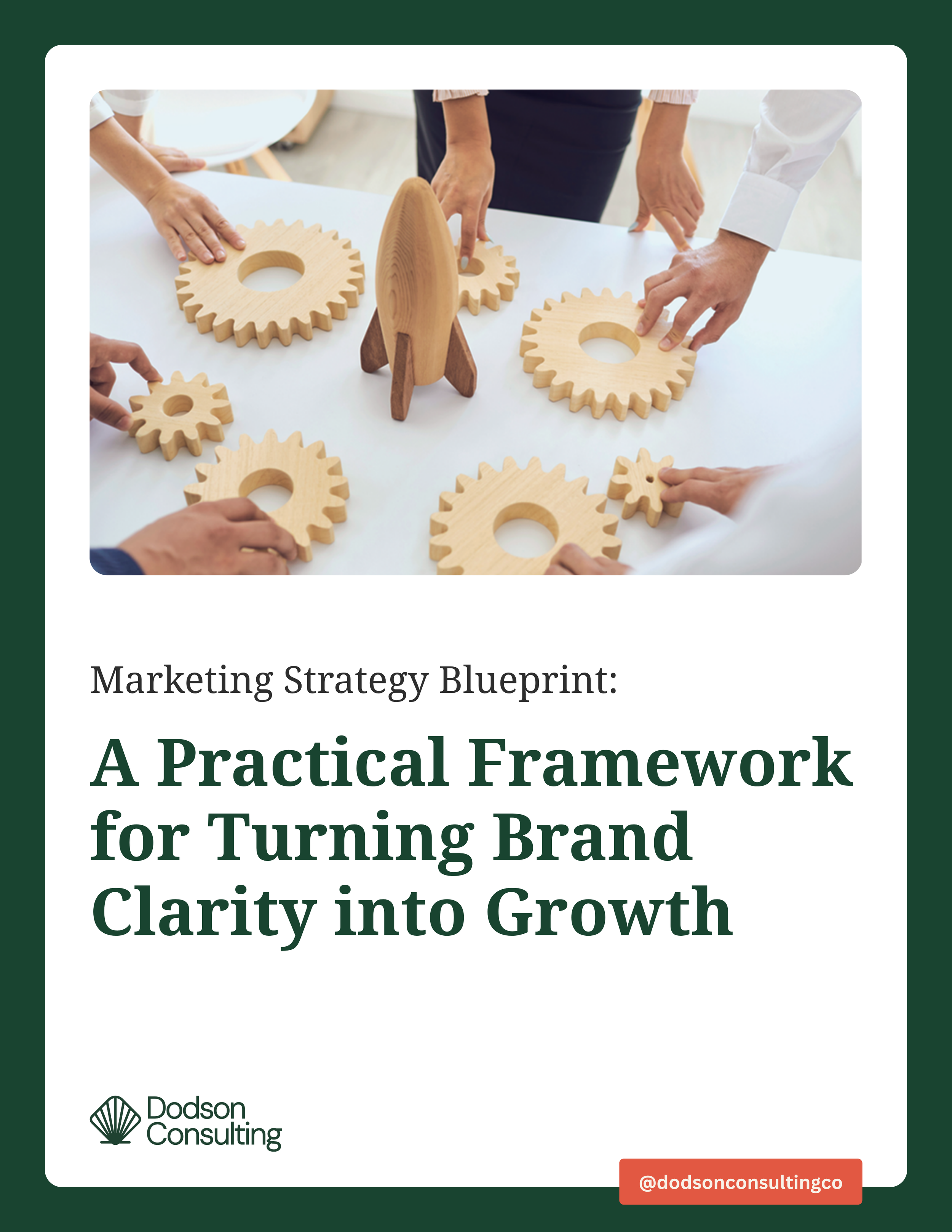 Hands arranging wooden gears and a rocket-shaped model on a table, symbolizing the alignment of business goals, strategy, and growth.