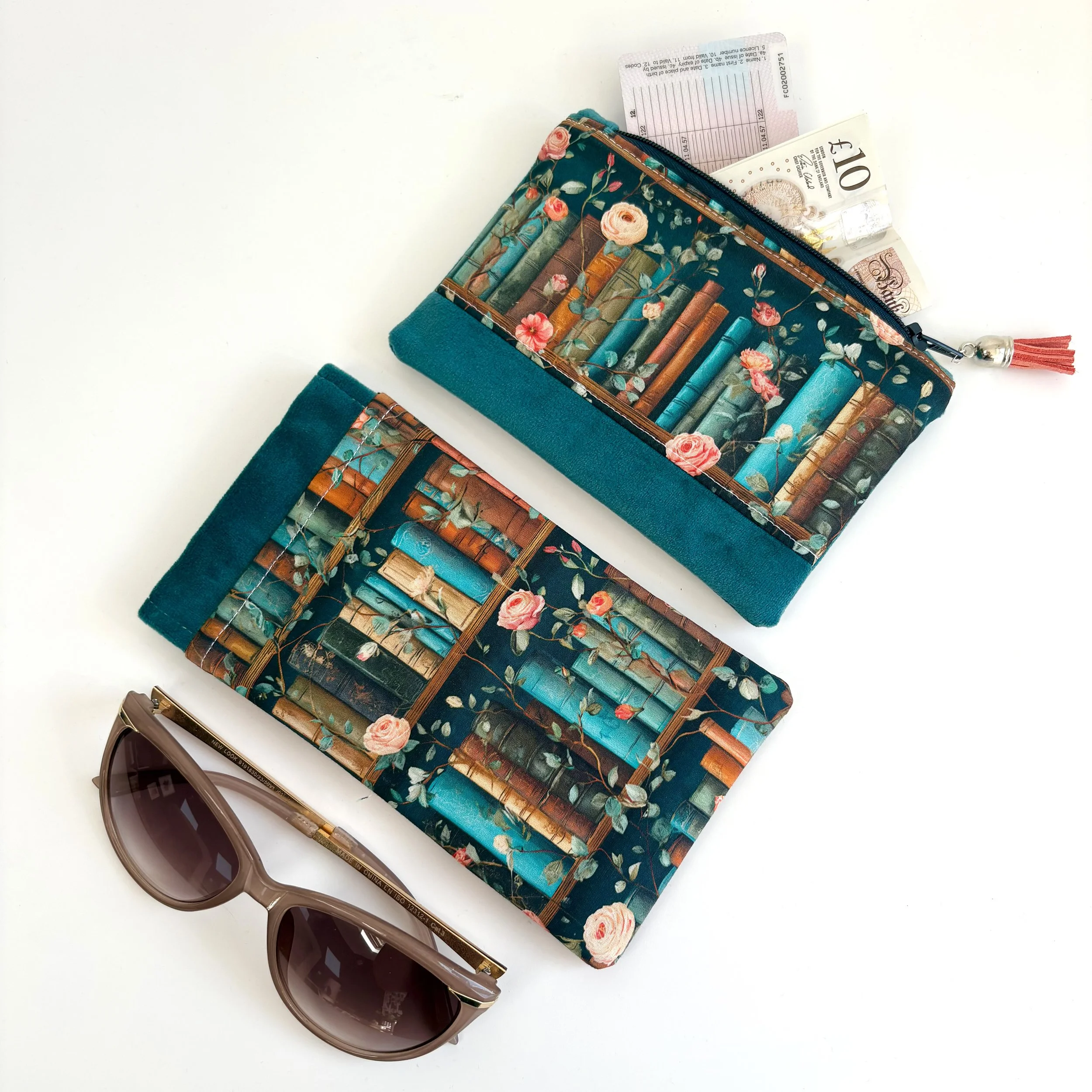 Enchanted Library Book Print Velvet Purse and Glasses Case