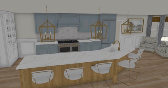 This kitchen is going to be beautiful! Let me help you along your journey! #kitchendesign #3drendering #interiordesigner #builtins #blue #kitchenrenovation #builtins #chicdesign #kitchenisland #chairrailing