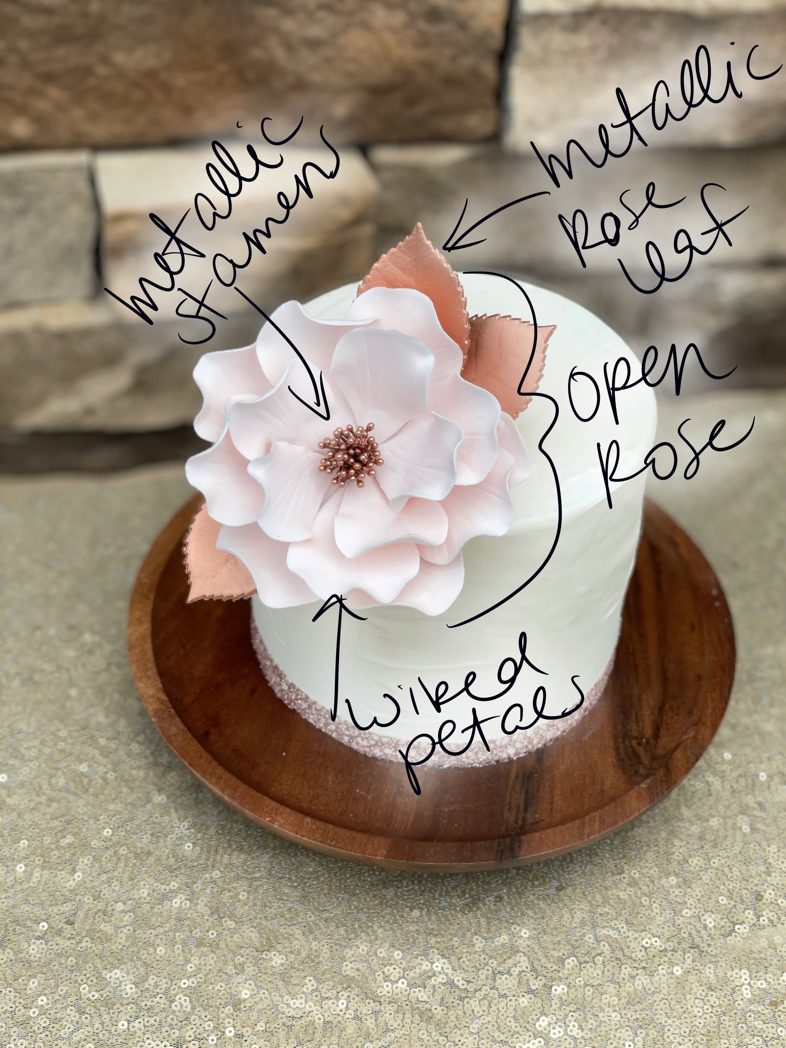 Blush and Rose Gold Open Rose Sugar Flower on a one tier cake