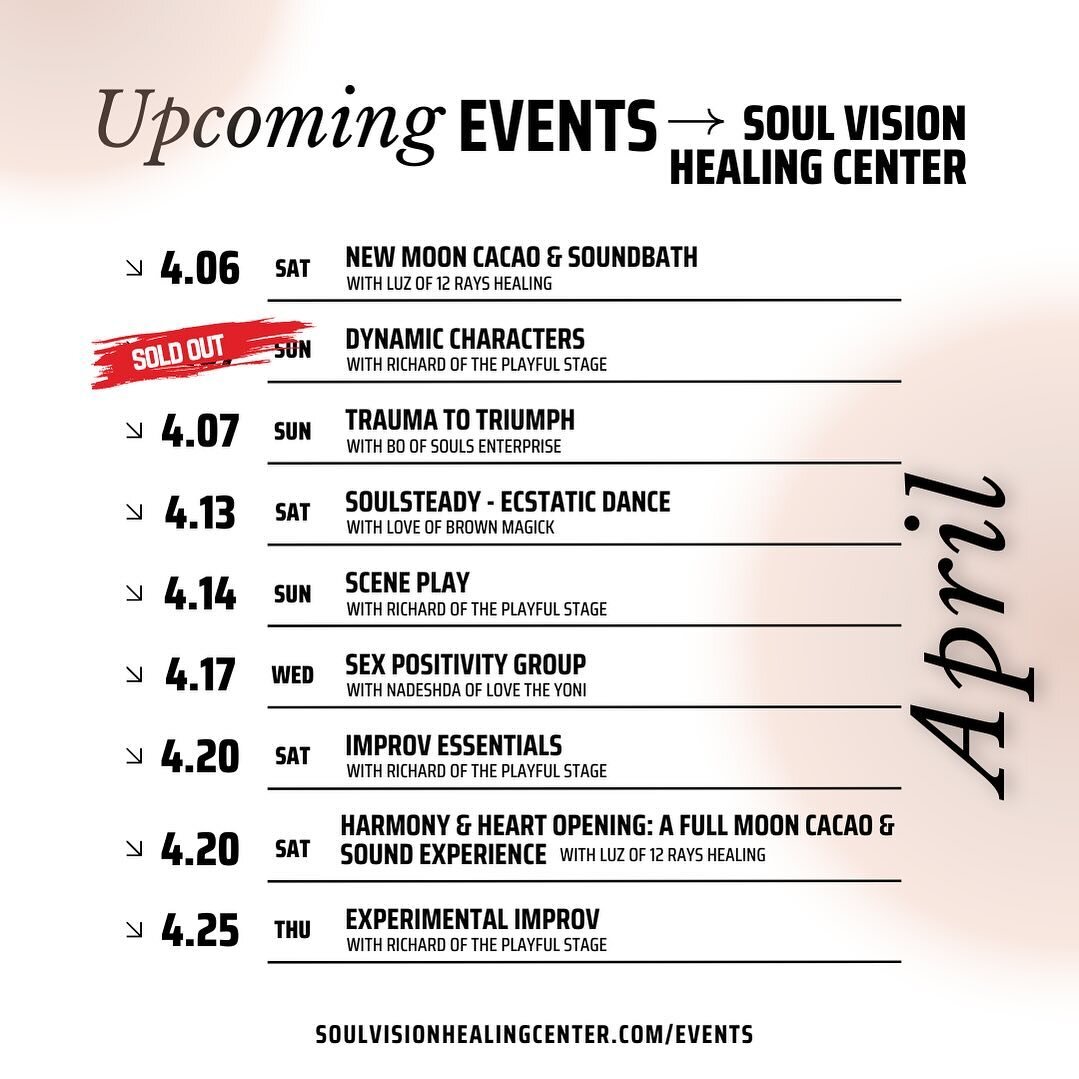 Embrace the April vibes with our lineup of soul-nourishing events this month! 

#longbeachevents #longbeachspiritualevents #longbeachtherapist #longbeachtherapy #holisticwellness #mindbodysoul #losangelestherapy #losangelesspiritualevents
