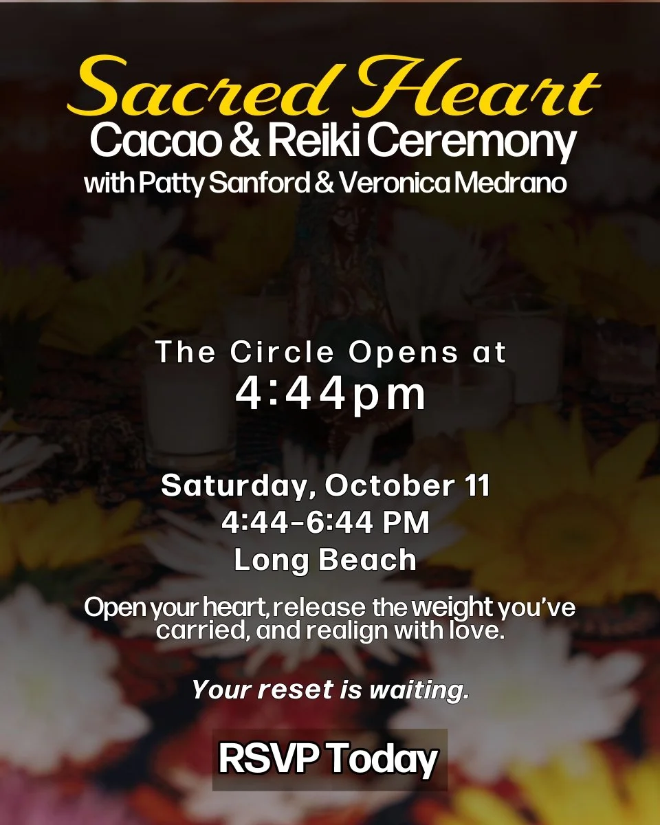 ✨ Sacred Heart Cacao &amp; Reiki Ceremony ✨
Saturday, Oct 11 | 4:44&ndash;6:44 PM | Long Beach

Sip cacao, soften your heart.
Receive Reiki, release the weight you&rsquo;ve been carrying.
Drop into guided meditation, realign with love.

Together, Pat