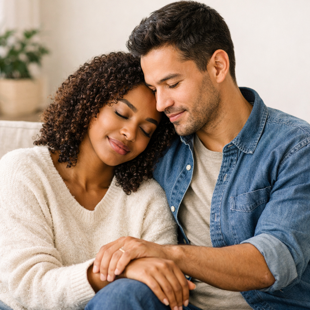 Older couple smiling and interacting closely, wearing white clothing, against a plain white background.