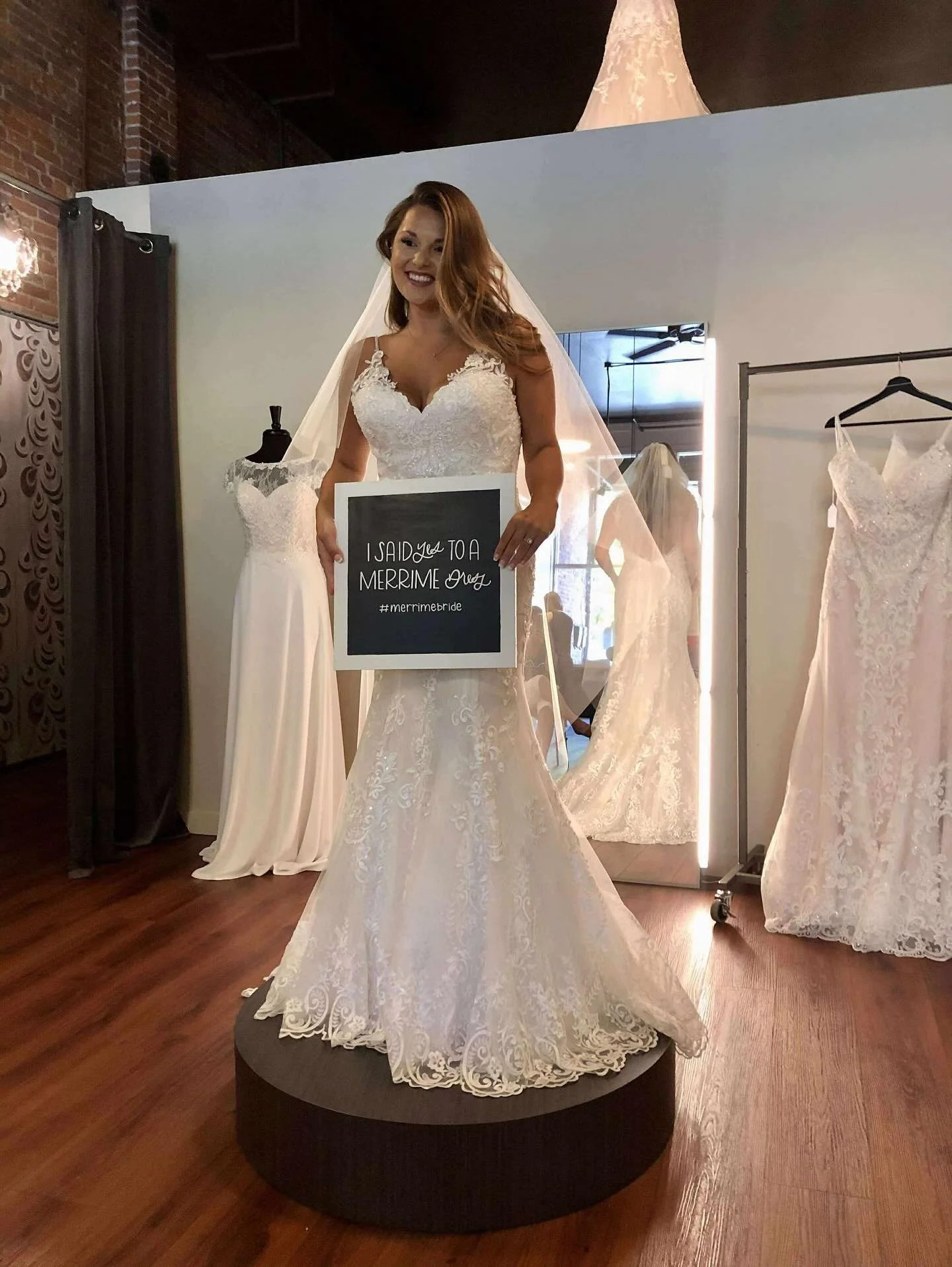 “I saw my dress in the window when I walked in for my appointment and it was the first one I tried on (you can see it in the window pic!). It was love at first sight and such an easy choice! My appointment was in June of 2020 in the midst of co