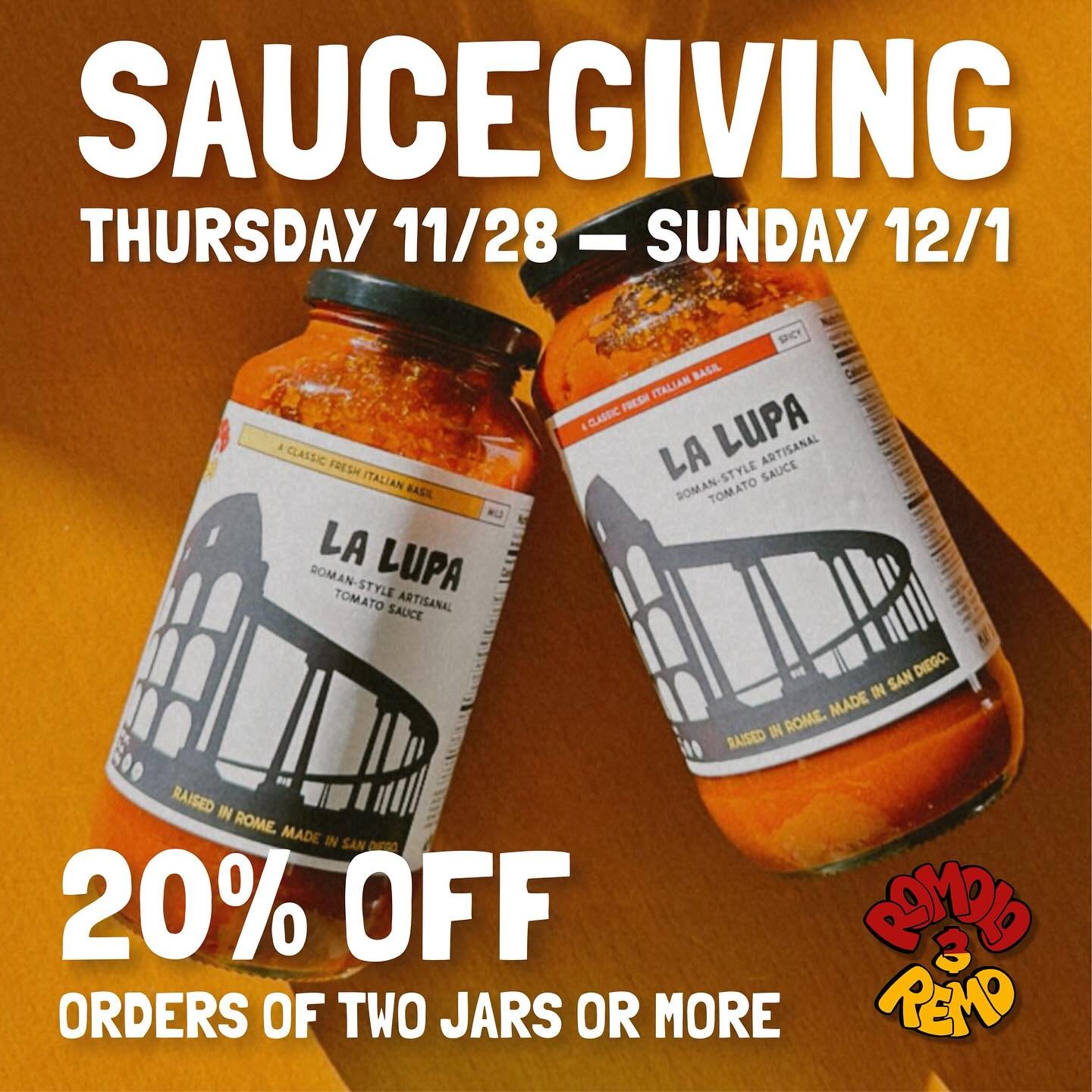 🚨 SAUCEGIVING! RED FRIDAY! SAUCE BIZ SATURDAY!  CALL IT WHATEVER YOU WANT! ALL OUR SAUCES ARE 20% OFF! 🤯😍

All sauces on our website romoloremo.com are 20% off (2 jar minimum) starting at midnight tonight and ending Sunday at midnight! 😲

Thanks 
