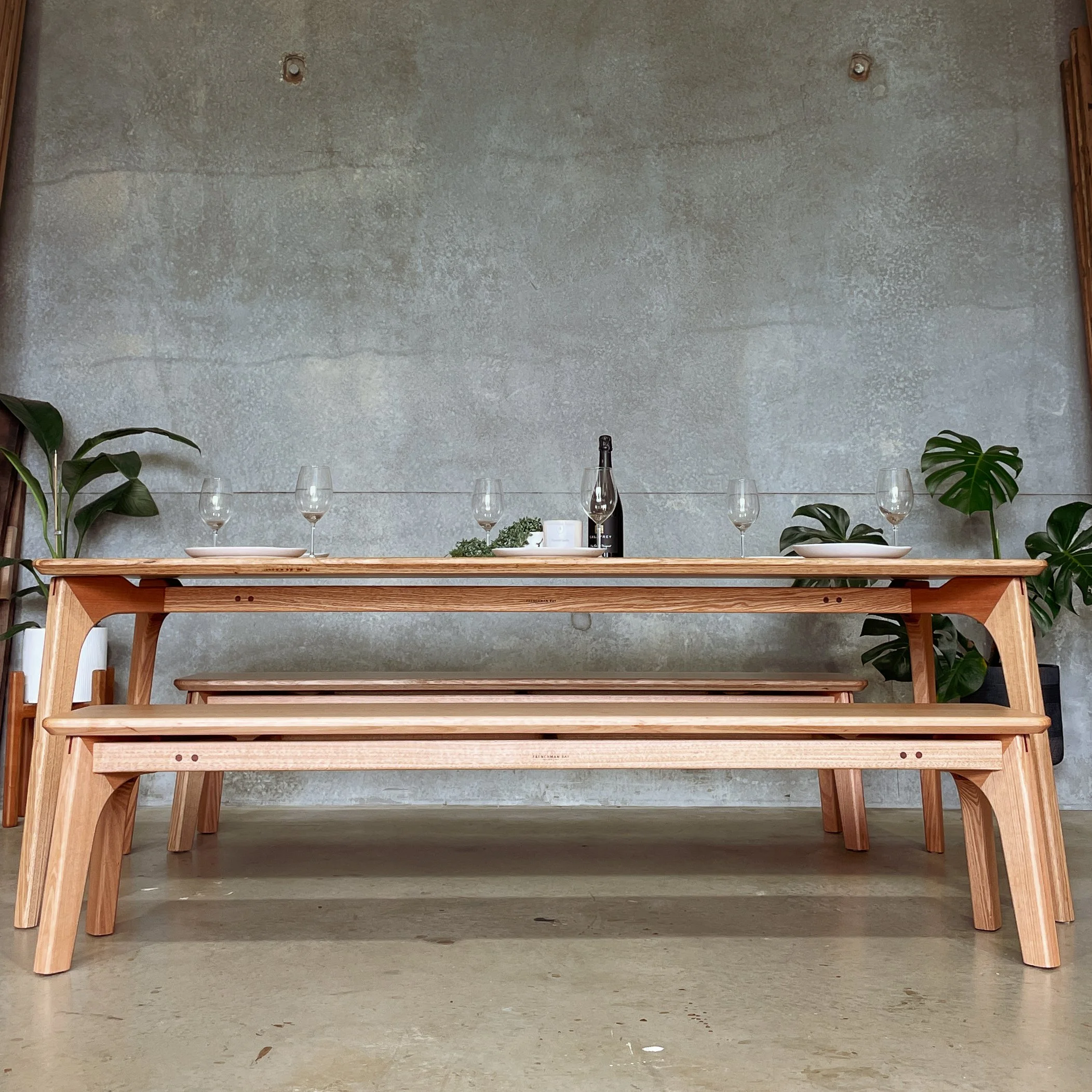 Blackbutt floating dining table and benches