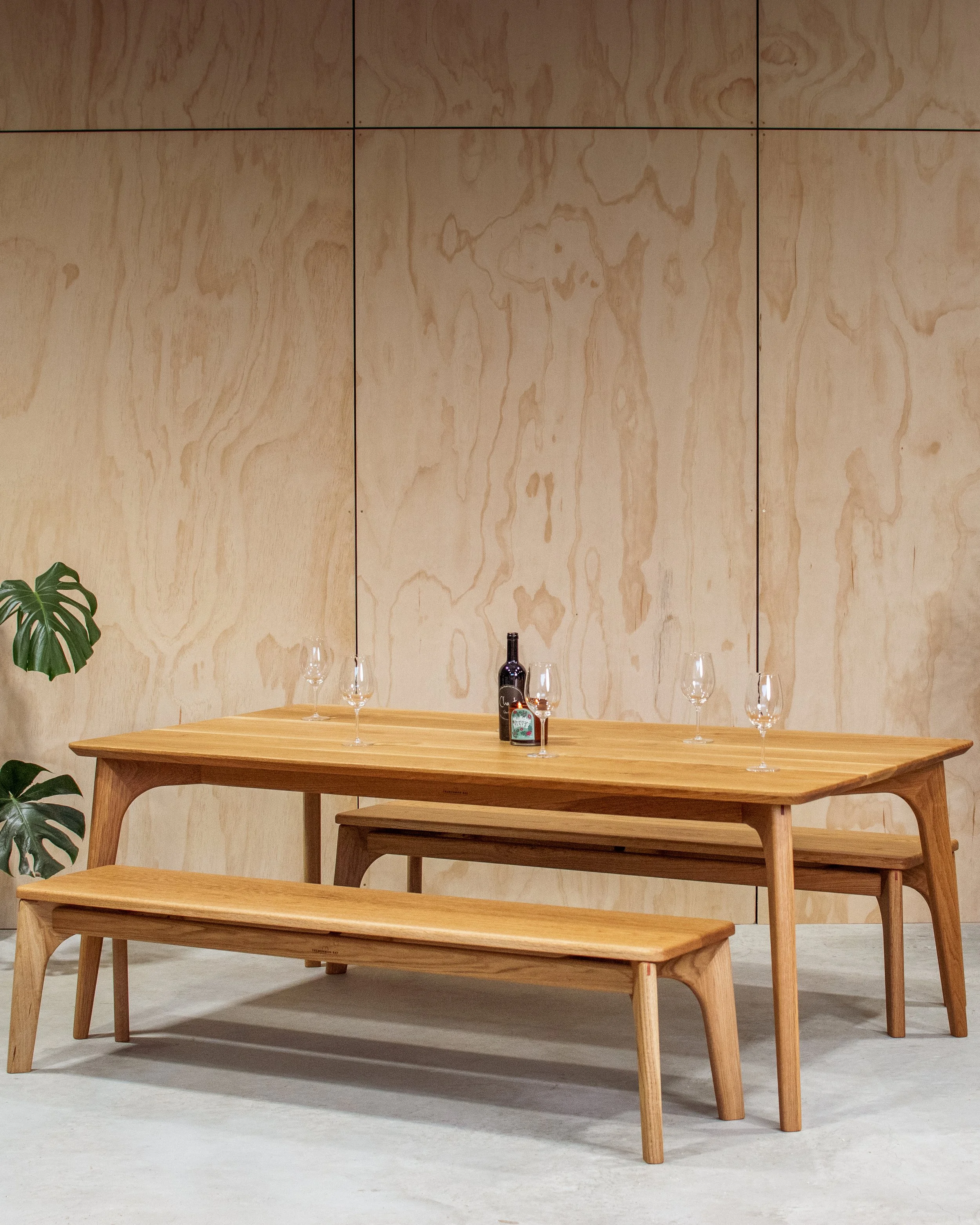 White oak floating table and benches