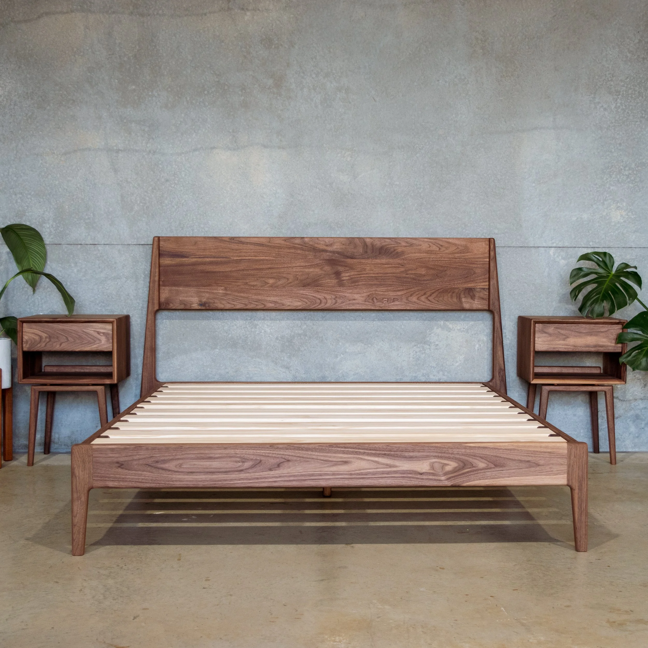Walnut bed and side tables