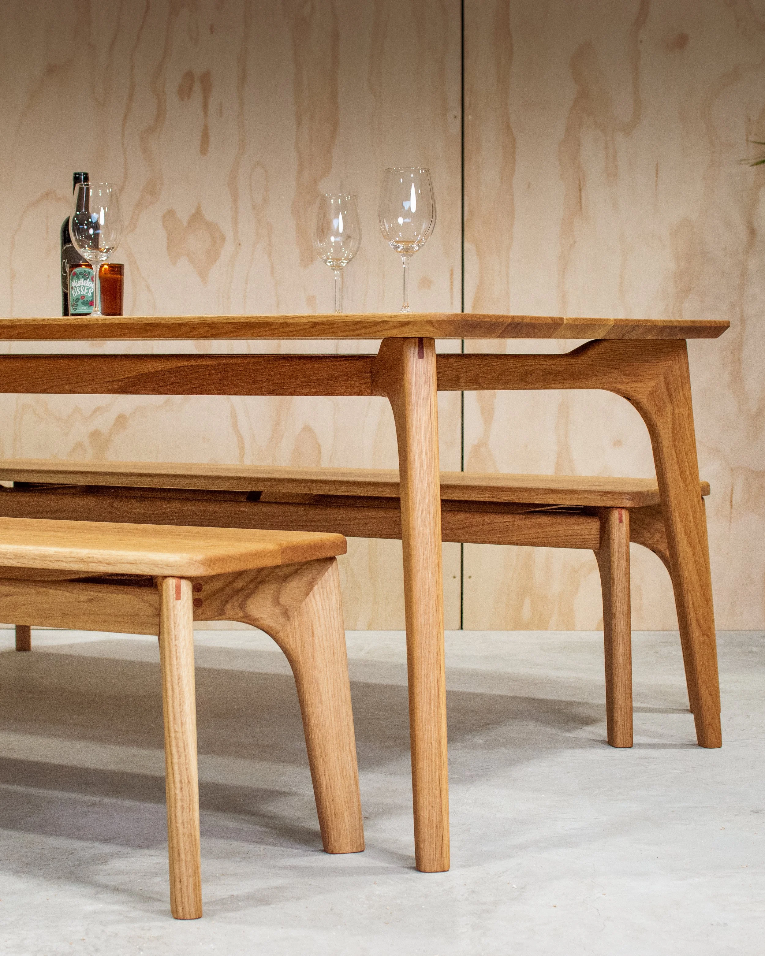 White oak floating table and benches