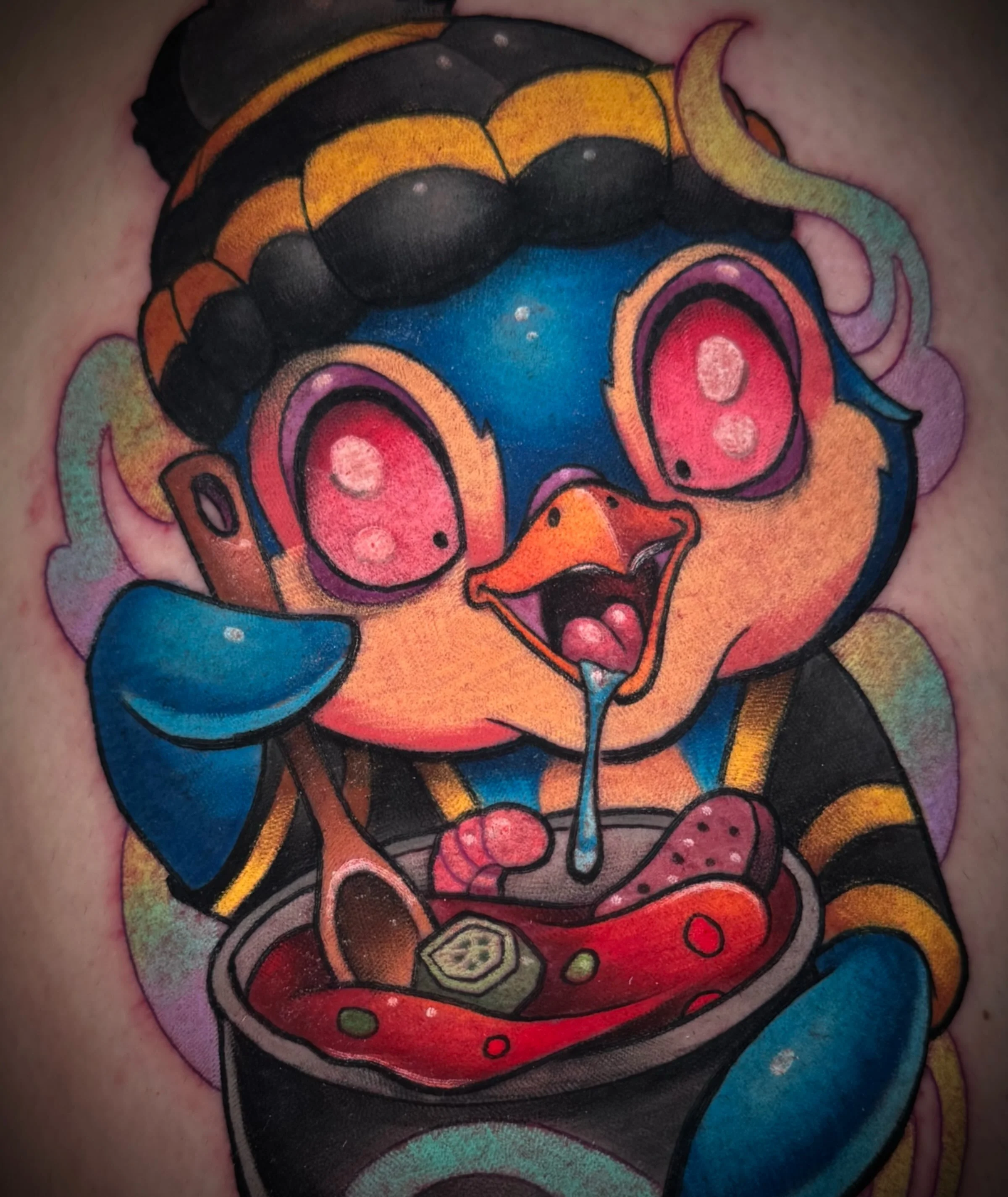 Saint Penguin! 🐧
Thanks Jonathan for traveling down from Louisiana &amp; asking me to create this saints, gumbo loving penguin 🩵✈️
1shot ☝🏻 🟰 6 hours 
💥MORE ANIMAL TATTOOS PLEASE!💥
books open for appointments!
JULY-DEC 2026 

#travelingtattooer