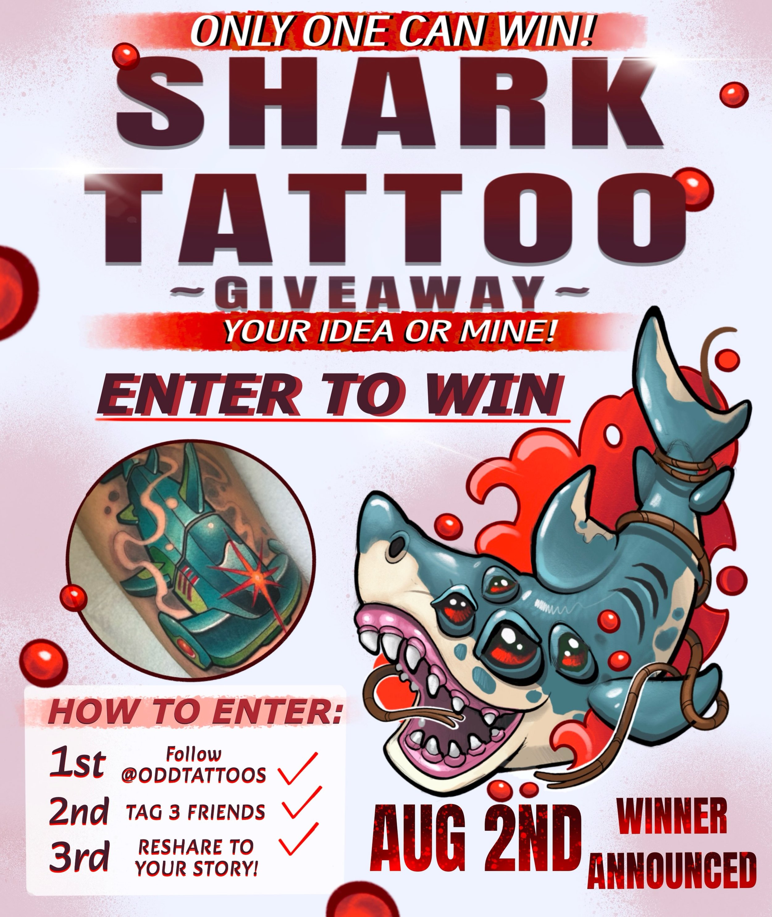 💥SHARK WEEK 2026! 🦈
It&rsquo;s 𝗚𝗜𝗩𝗘𝗔𝗪𝗔𝗬 time &amp; its my first one EVER!! 
Celebrating shark week the gnarliest way by giving away a 𝑭𝑹𝑬𝑬 tattoo 😎🤙🏼

𝑯𝑶𝑾 𝑻𝑶 𝑬𝑵𝑻𝑬𝑹:
-follow @oddtattoos 
-tag 3 of the homies 
-reshare this p