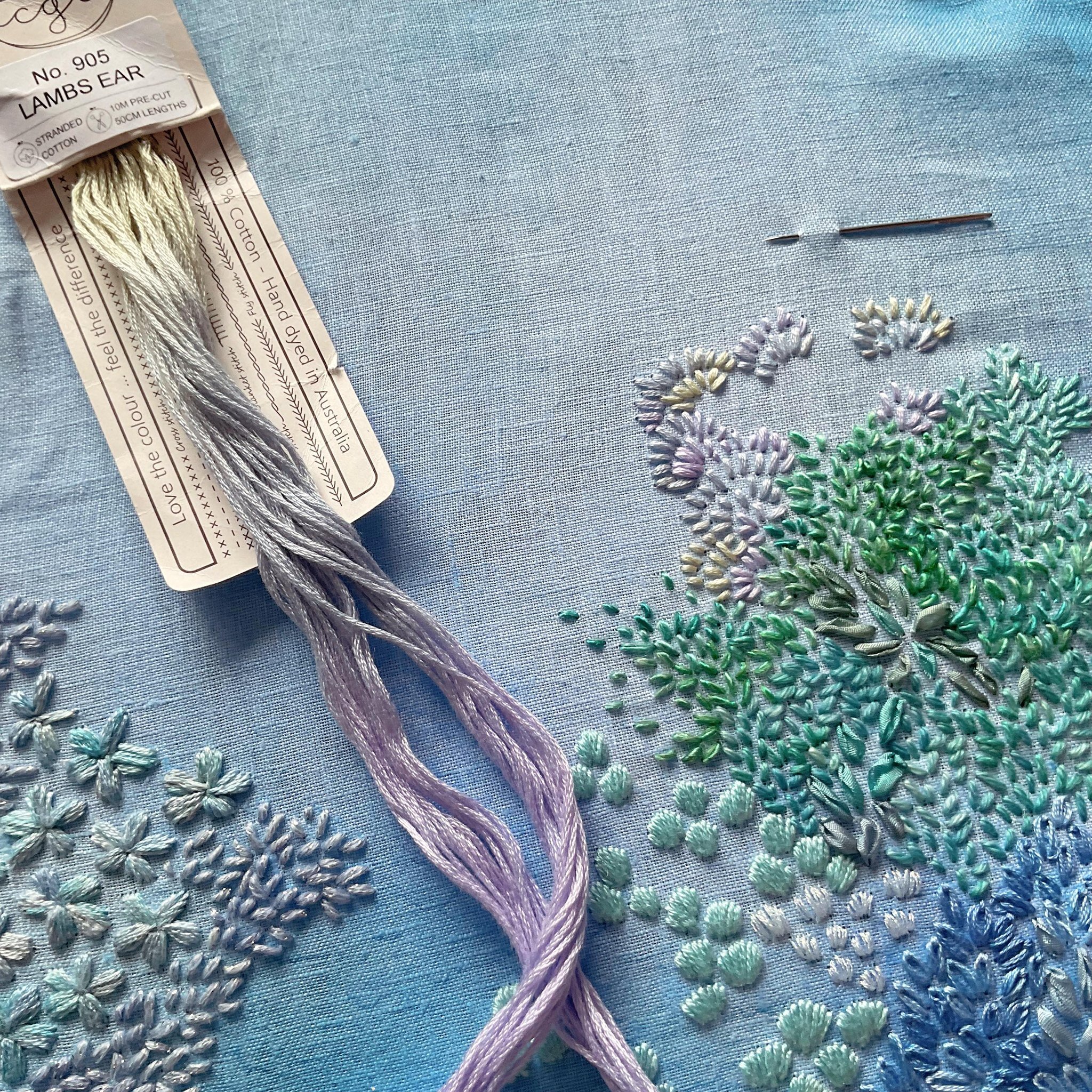 Currently obsessed with this colour, &ldquo;Lambs Ear&rdquo; from @cottagegardenthreads, So pretty, and one of my favourite variegated threads. #embroidery #embroiderythreads #hoopart #handstitching