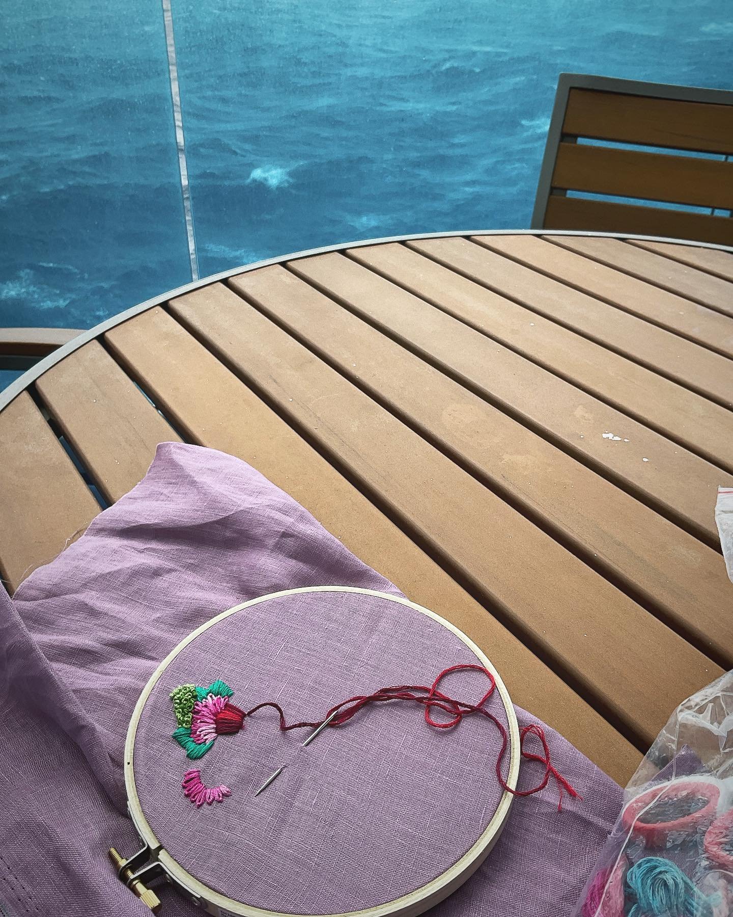 Wild weather on the seas today. Pool is closed, so the stitching has come out!