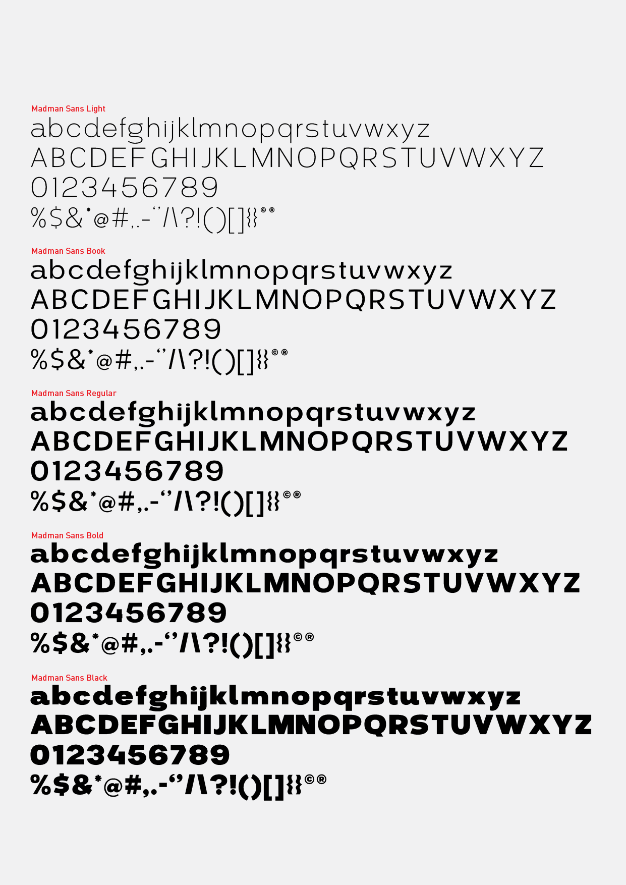 Specimen of different font weights.