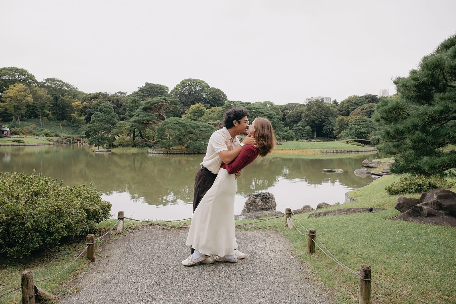 Engaged couple at Rikugien Gardens Tokyo Japan morning
