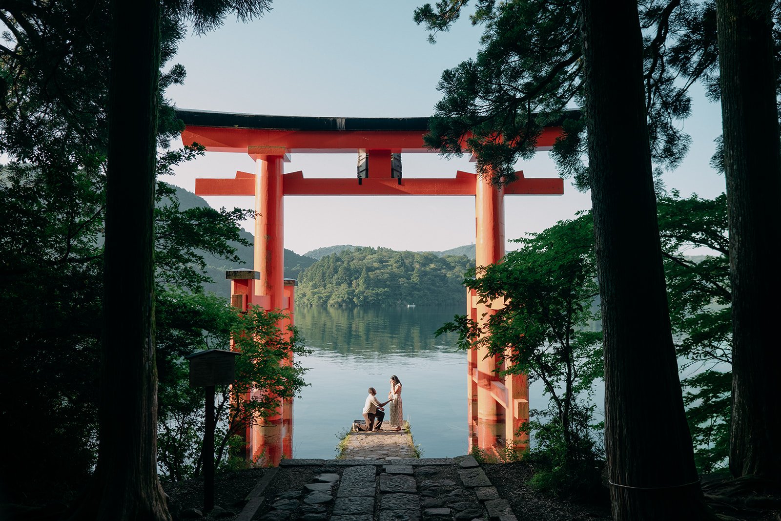 Early Morning Proposal at the Hakone Tori Gate - Japan