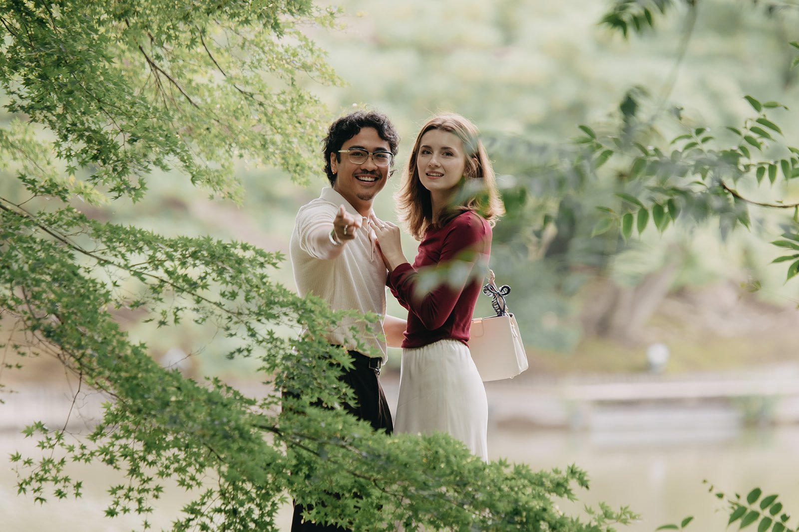 Natural couple interaction after proposal Rikugien Gardens Tokyo Japan