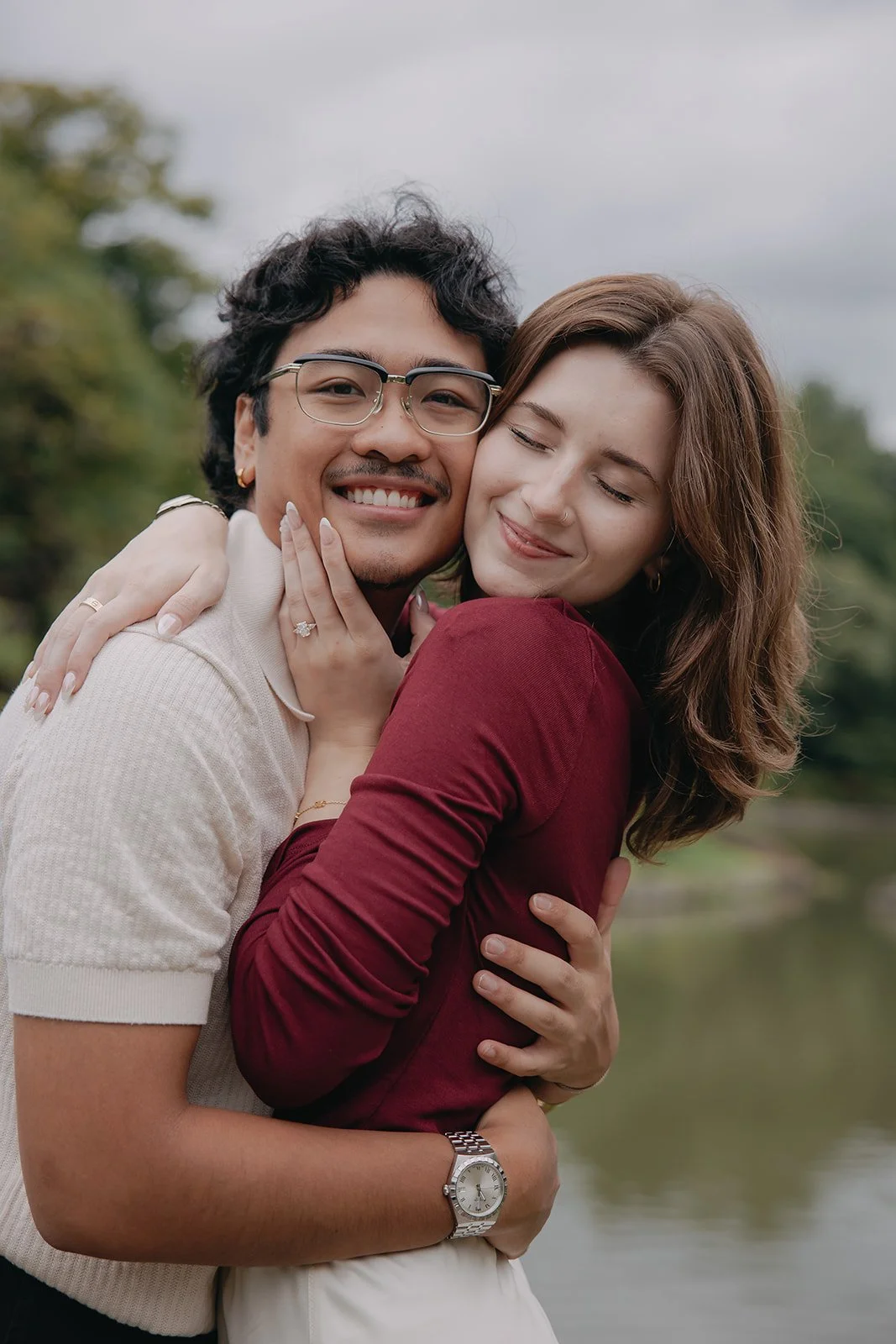 Couple portrait by the pond Rikugien Gardens Tokyo Japan