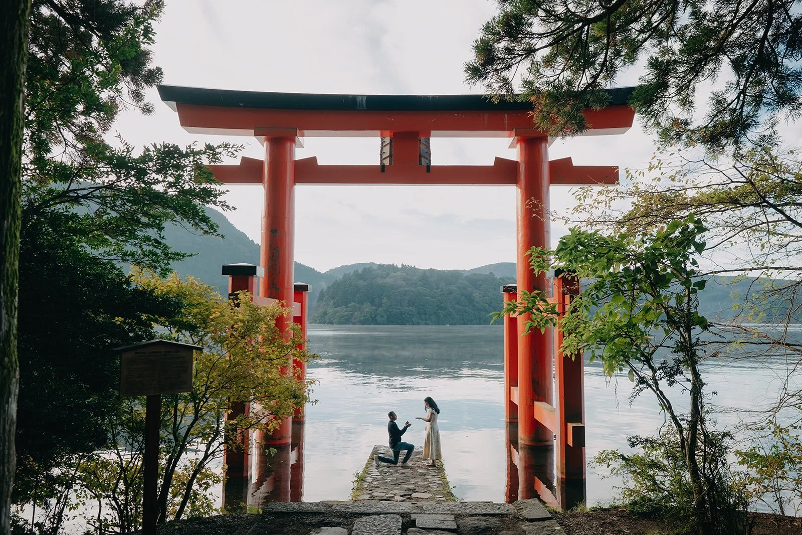 Charandeep proposing to Simran at the torii gate in Hakone, Japan