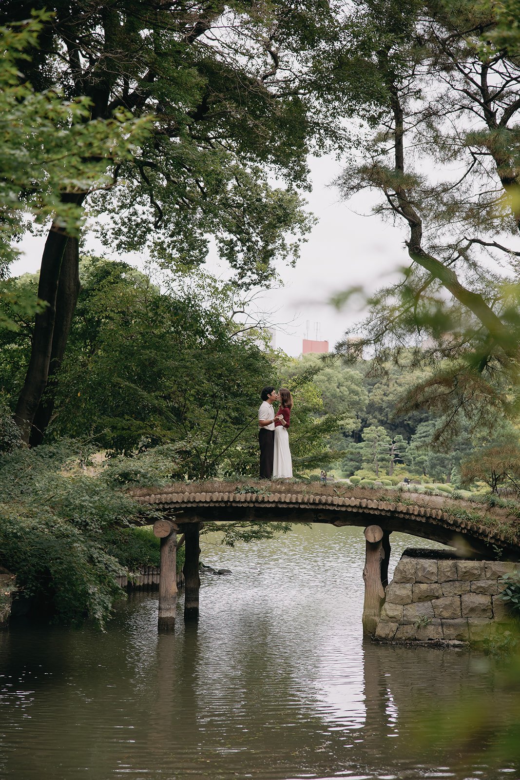 Rikugien Gardens pond and greenery Tokyo Japan morning light
