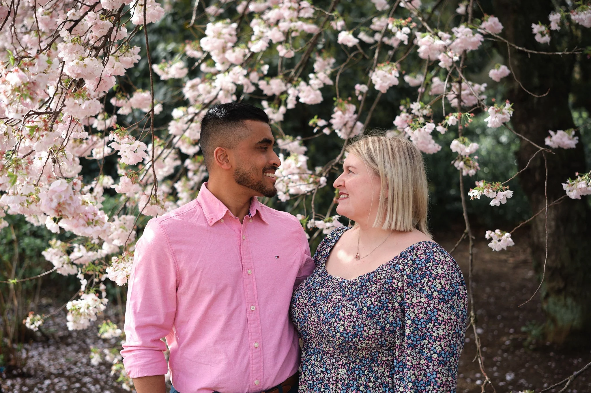 A couple smiling at each other under blooming cherry blossom trees.