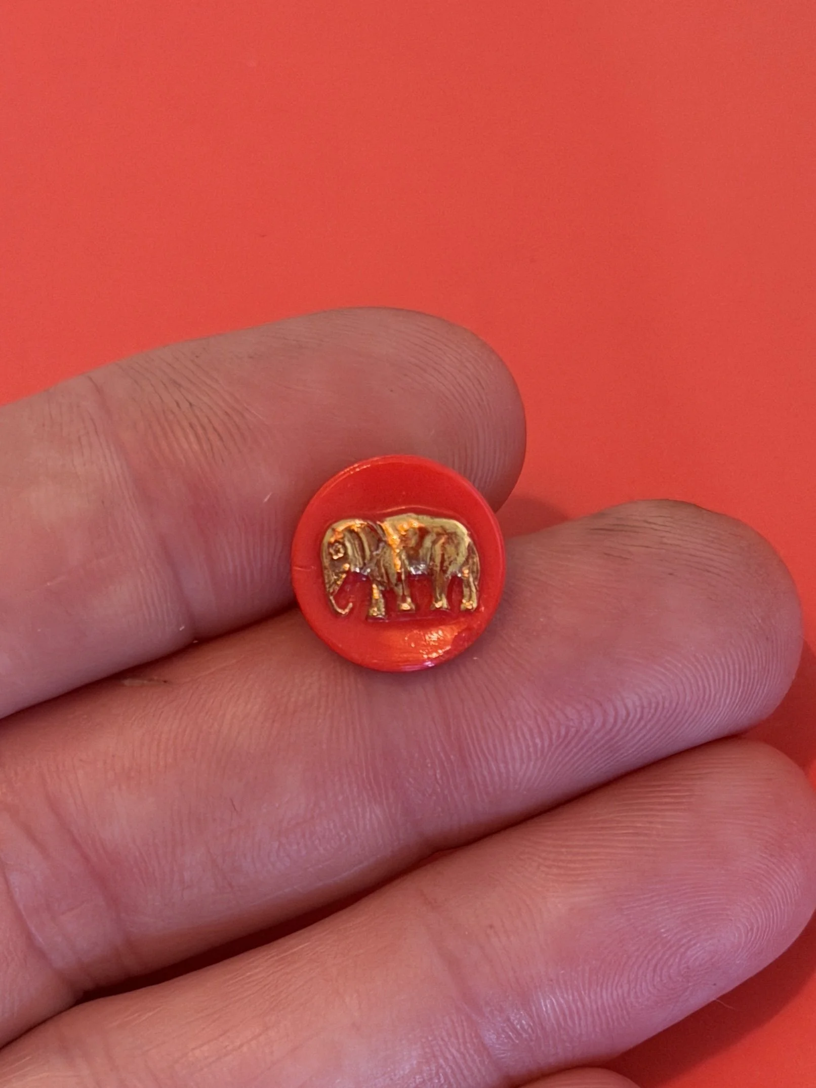 Bronze Elephant on Red Vintage Glass Button Ring or Necklace