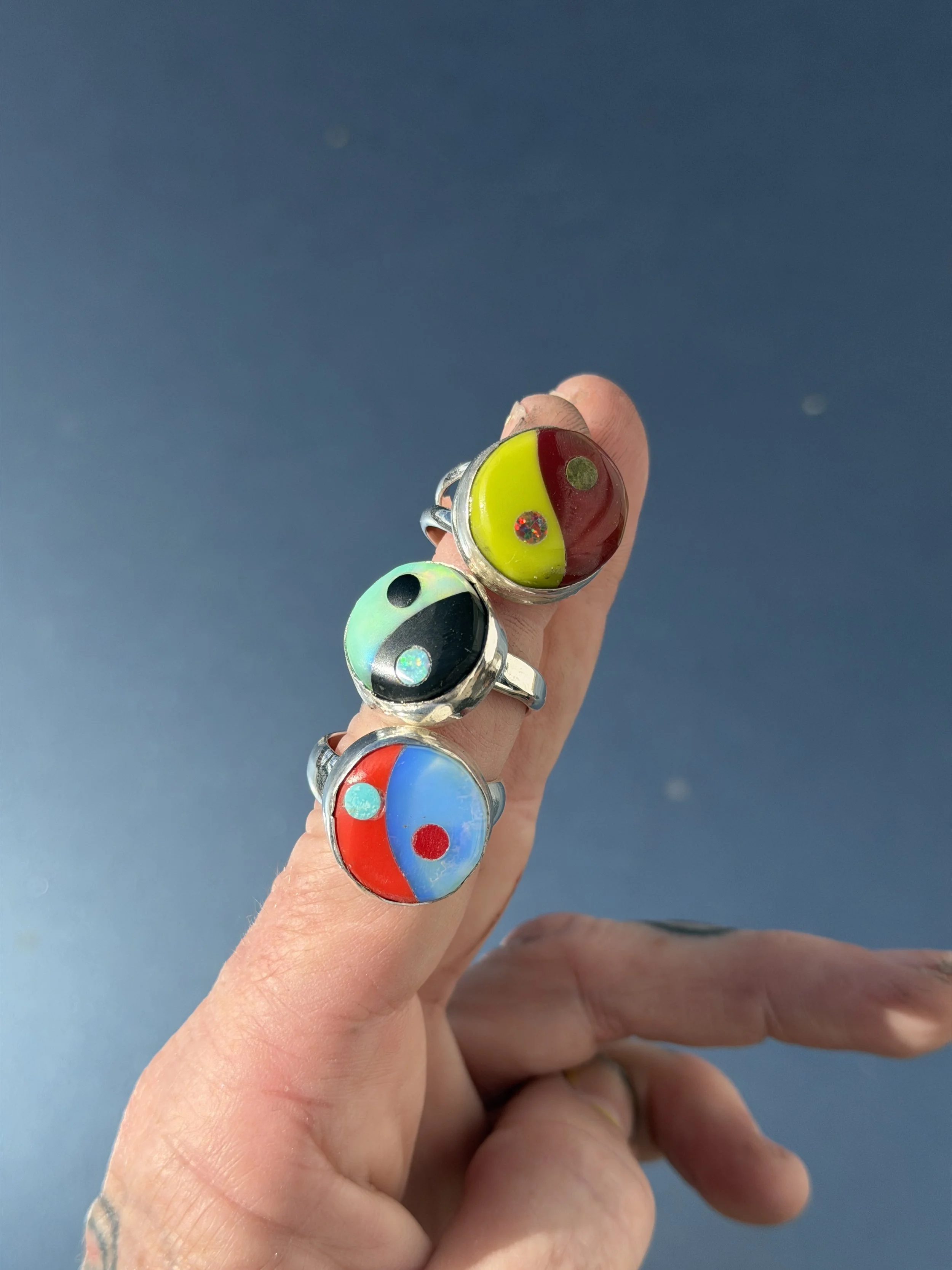 RED BILLIARD SCRAP AND OPALITE YIN YANG RING - SIZE 8