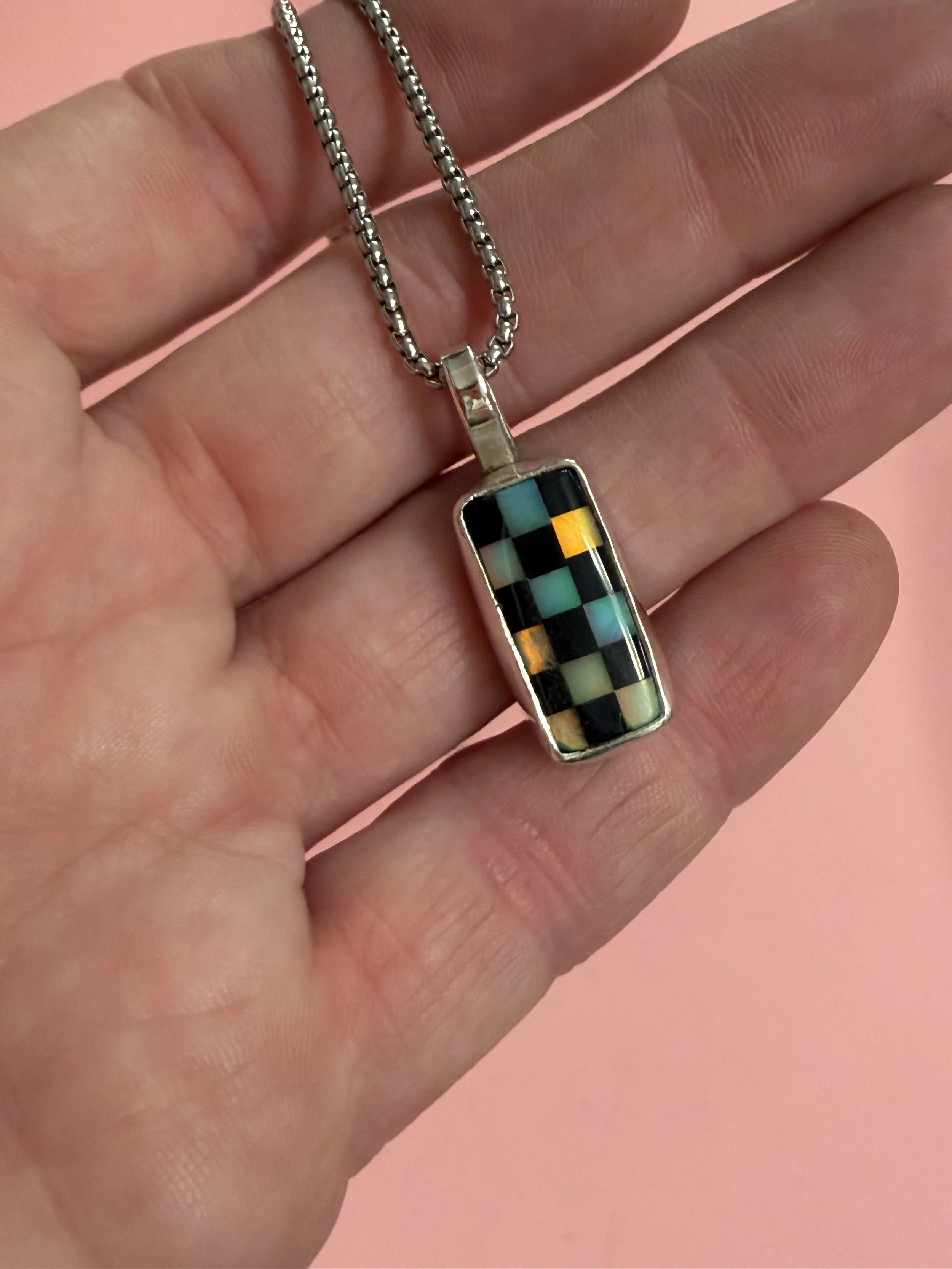 BLACK AND WHITE BILLIARD SCRAP IRIDESCENT CHKECKERBOARD  NECKLACE