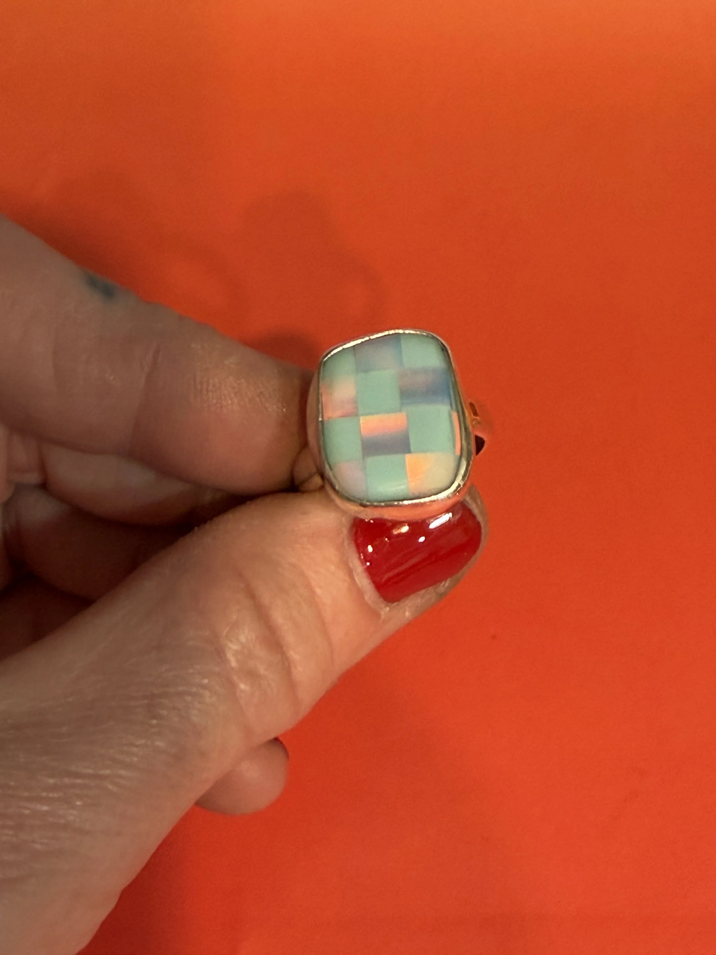 Blue & Iridescent Checkerboard Ring Size 8