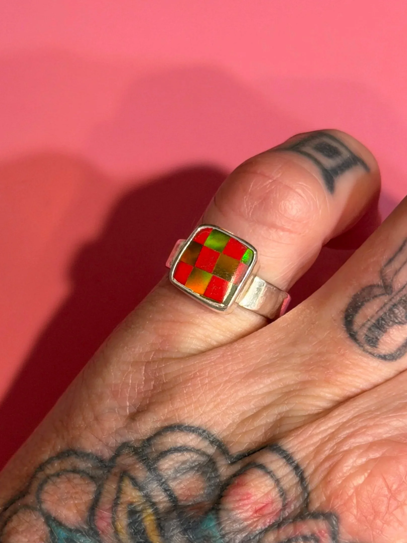 RED IRIDESCENT BILLIARD SCRAP CHECKERBOARD RING SIZE 7