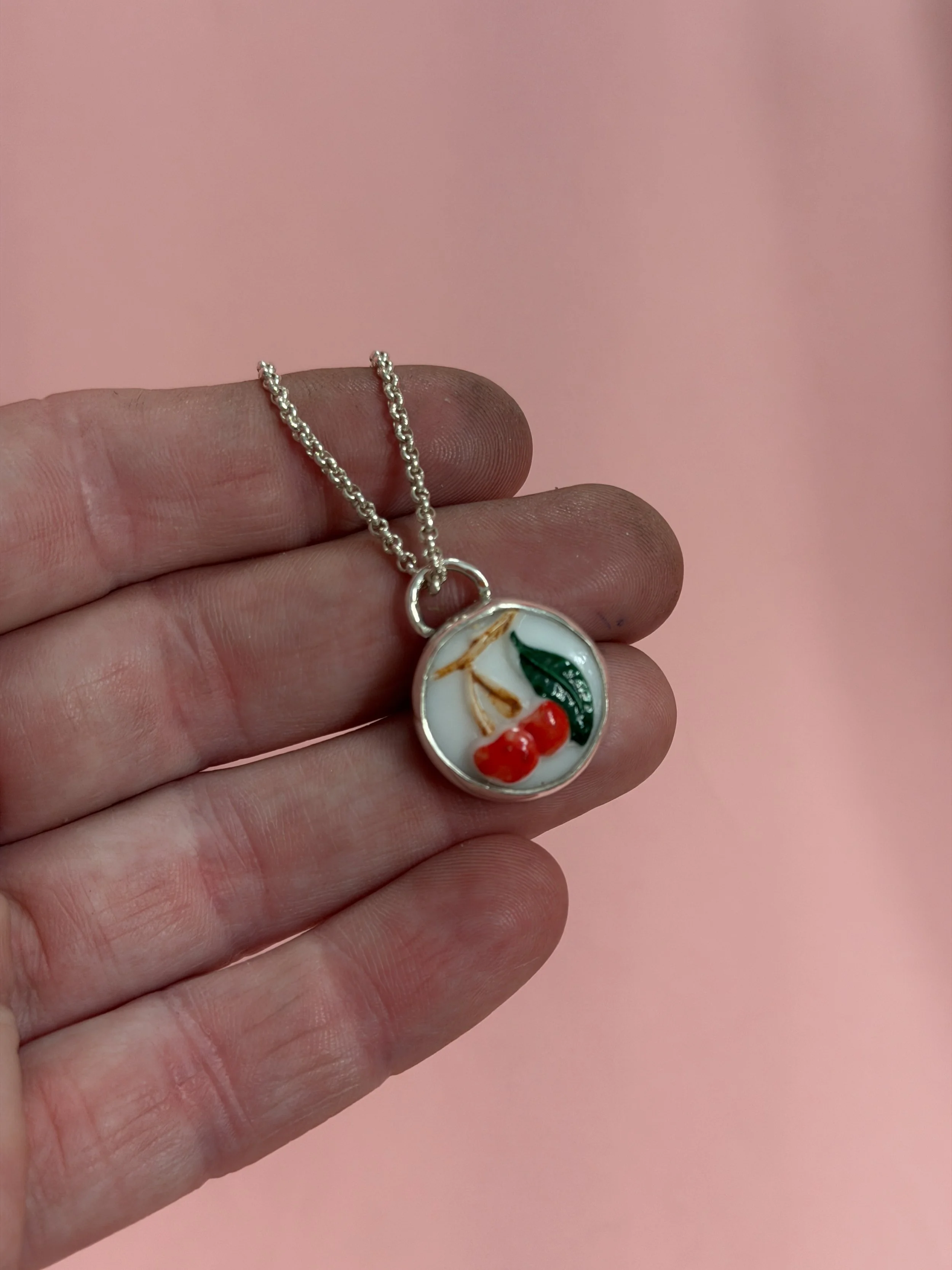 VINTAGE GLASS CHERRIES BUTTON NECKLACE
