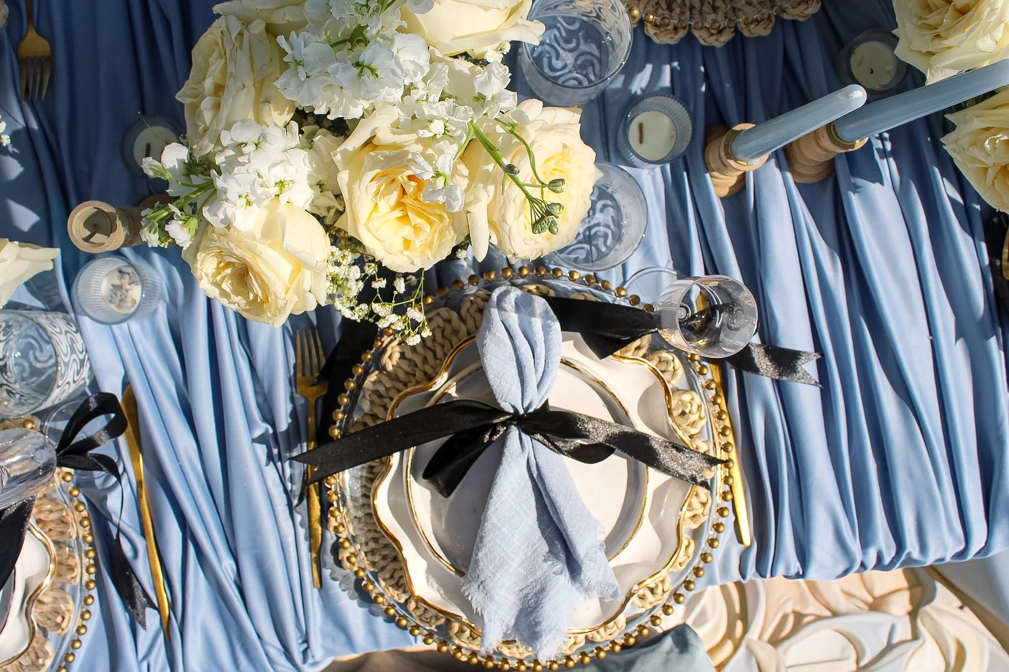 Pampas Picnics Breakfast at Tiffany's Bridesmaid Proposal Dusty Blue Tablescape Inspo