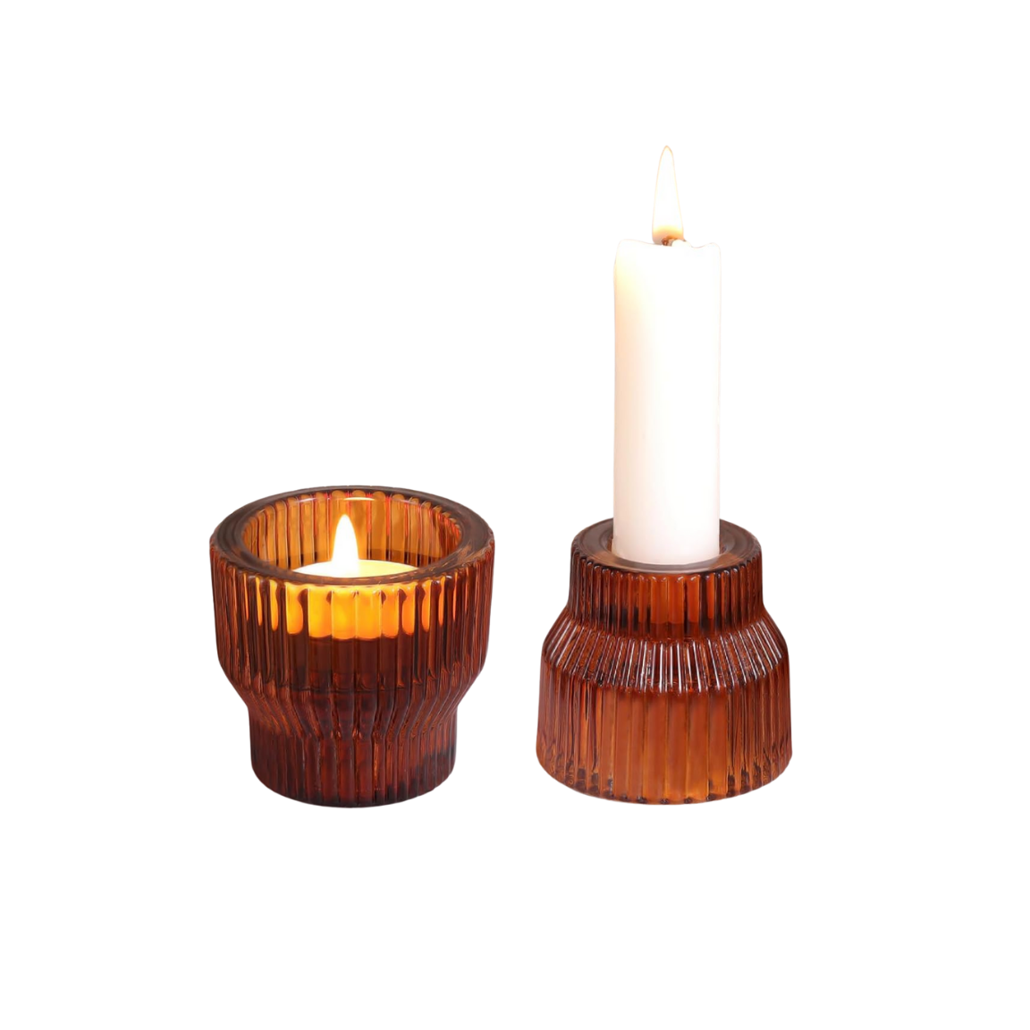 Amber Ribbed Taper & Tea Candle Holders