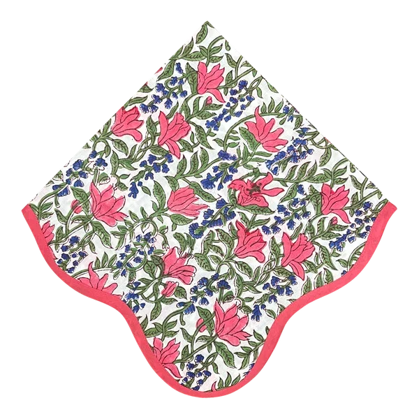 The Ivy: Punch Pink + Blue Floral Scalloped Napkin
