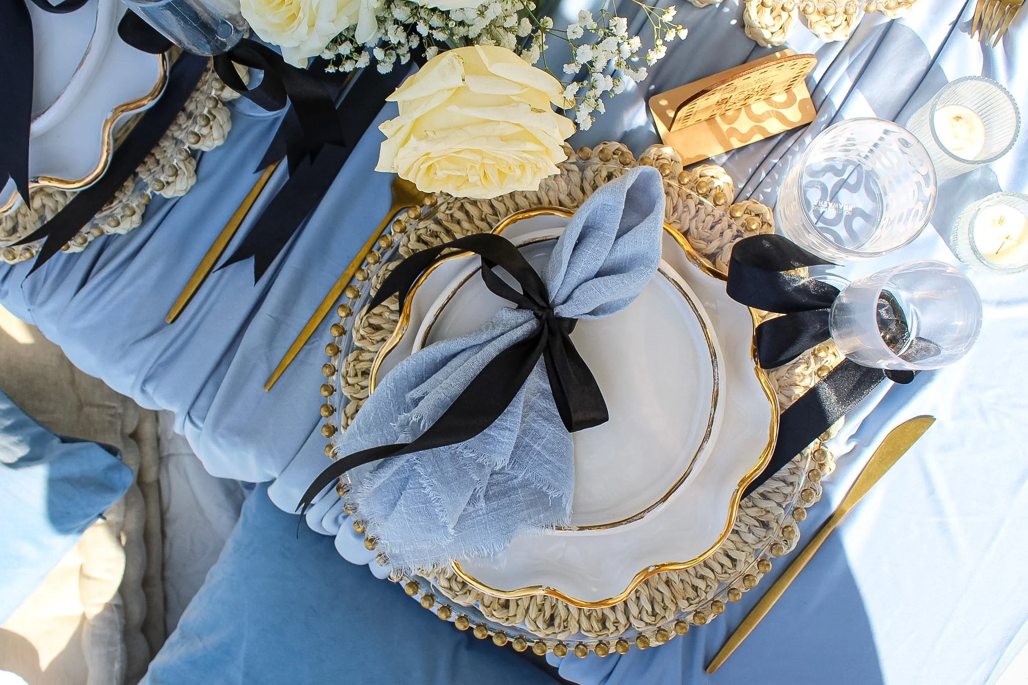 Pampas Picnics Breakfast at Tiffany's Bridesmaid Proposal Picnic Dusty Blue Tablescape Inspo