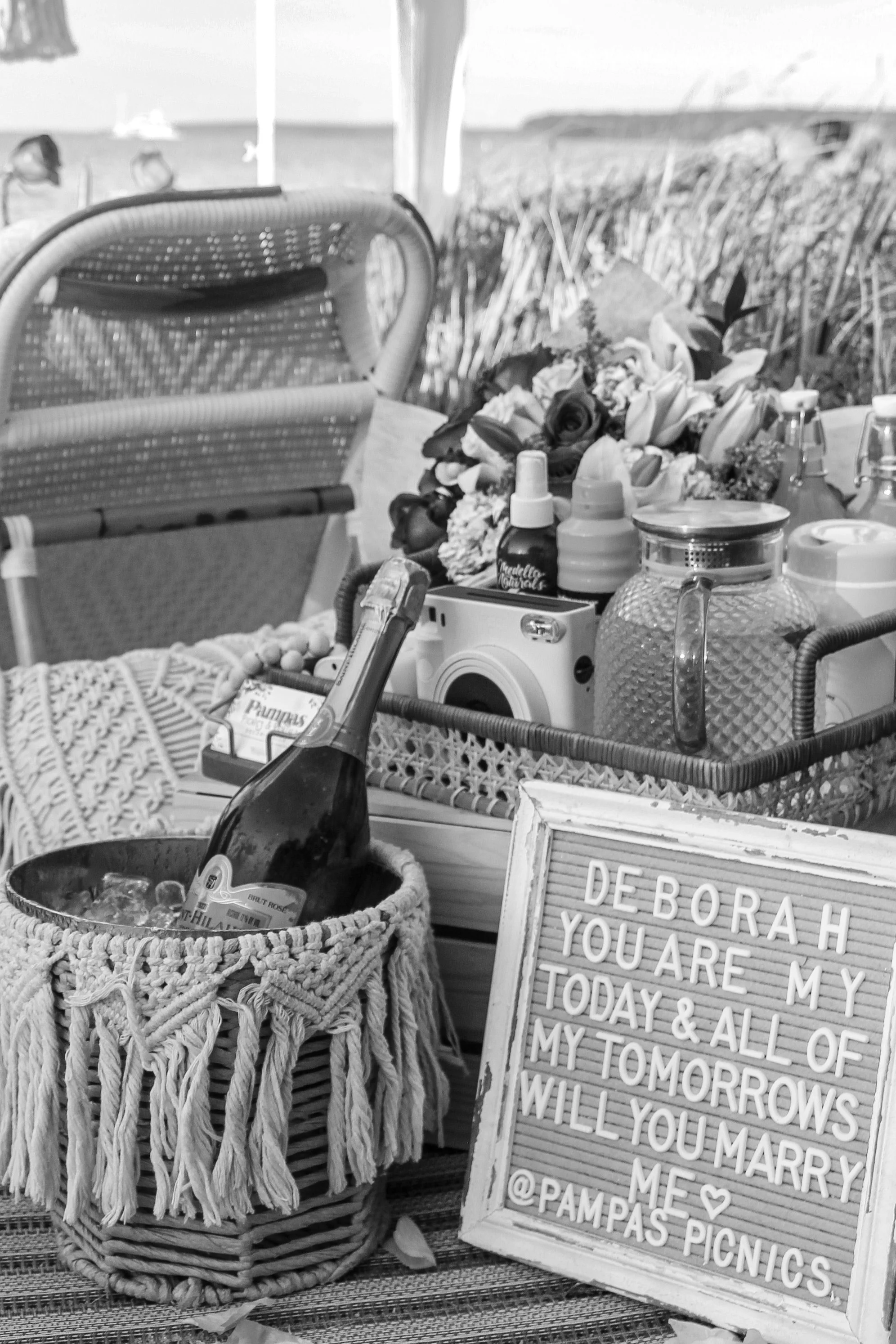 Pampas Picnics | Custom proposal letter board beside a hydrangea bouquet, bubbly and Polaroid camera