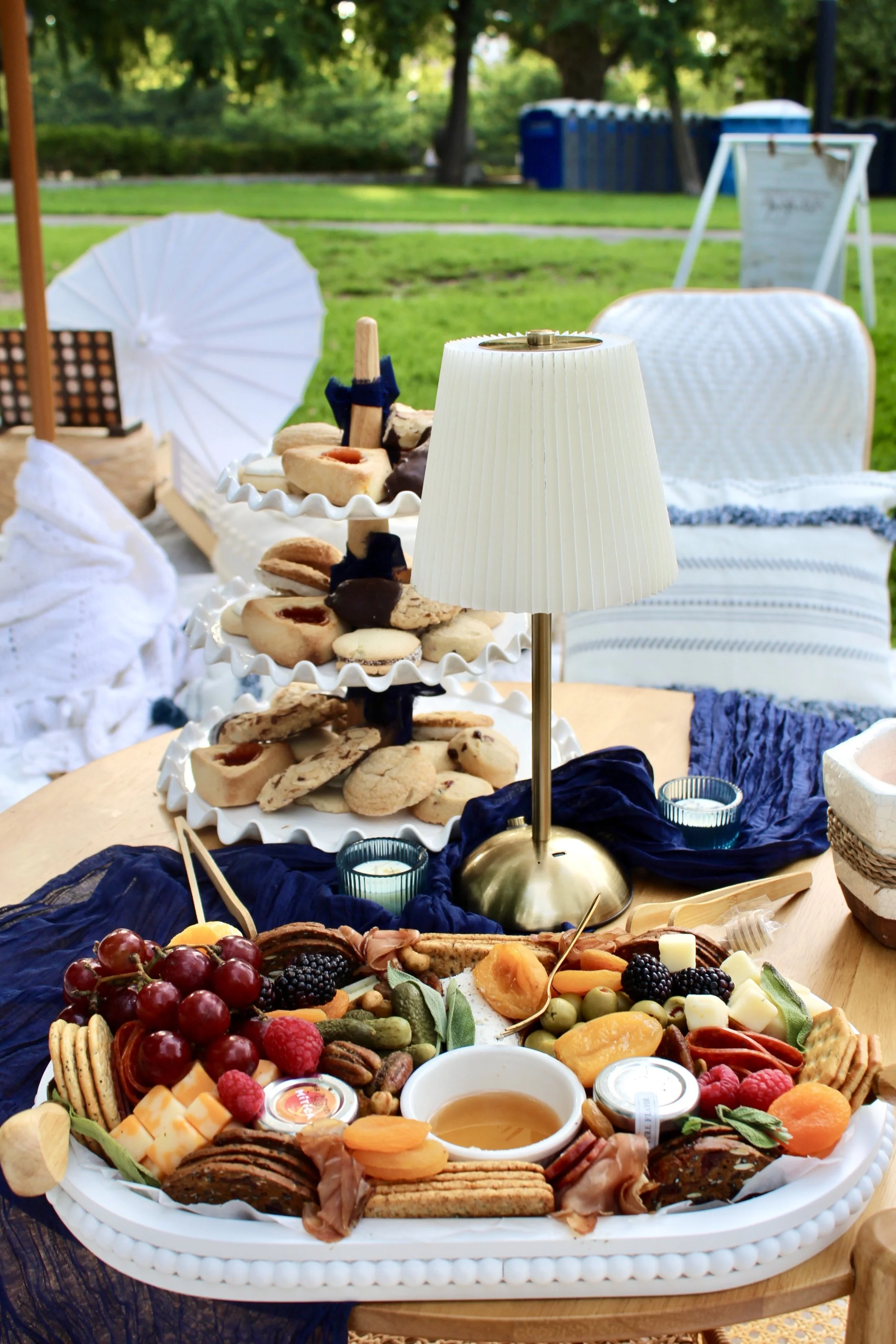 Deluxe grazing board and dessert tower for a Brooklyn anniversary picnic