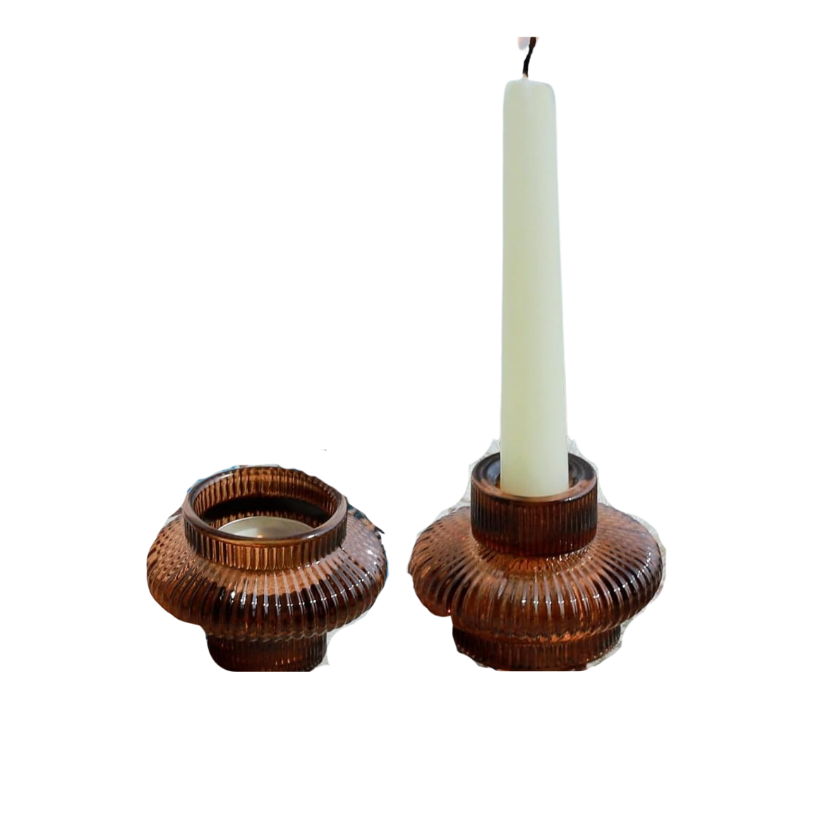 Brown Ribbed Taper & Tea Candle Holders