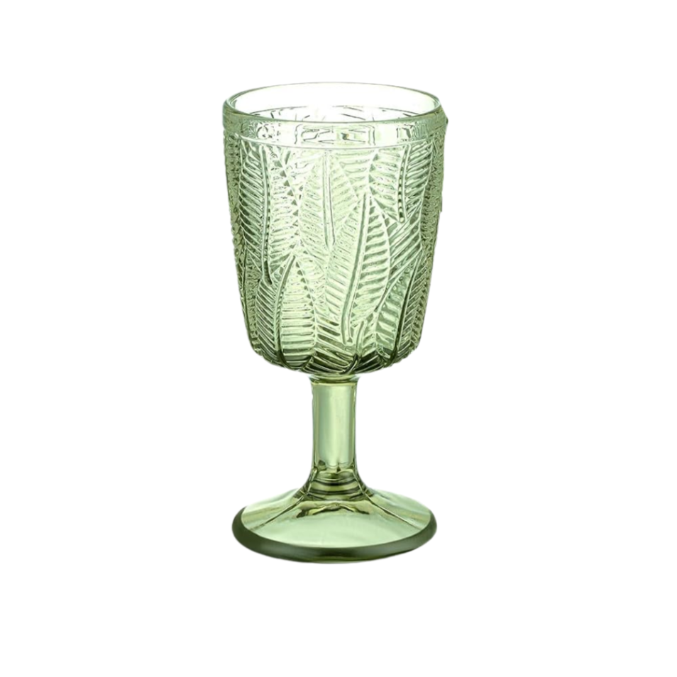 Green Vintage Embossed Leaf Pattern Water Goblet Glasses